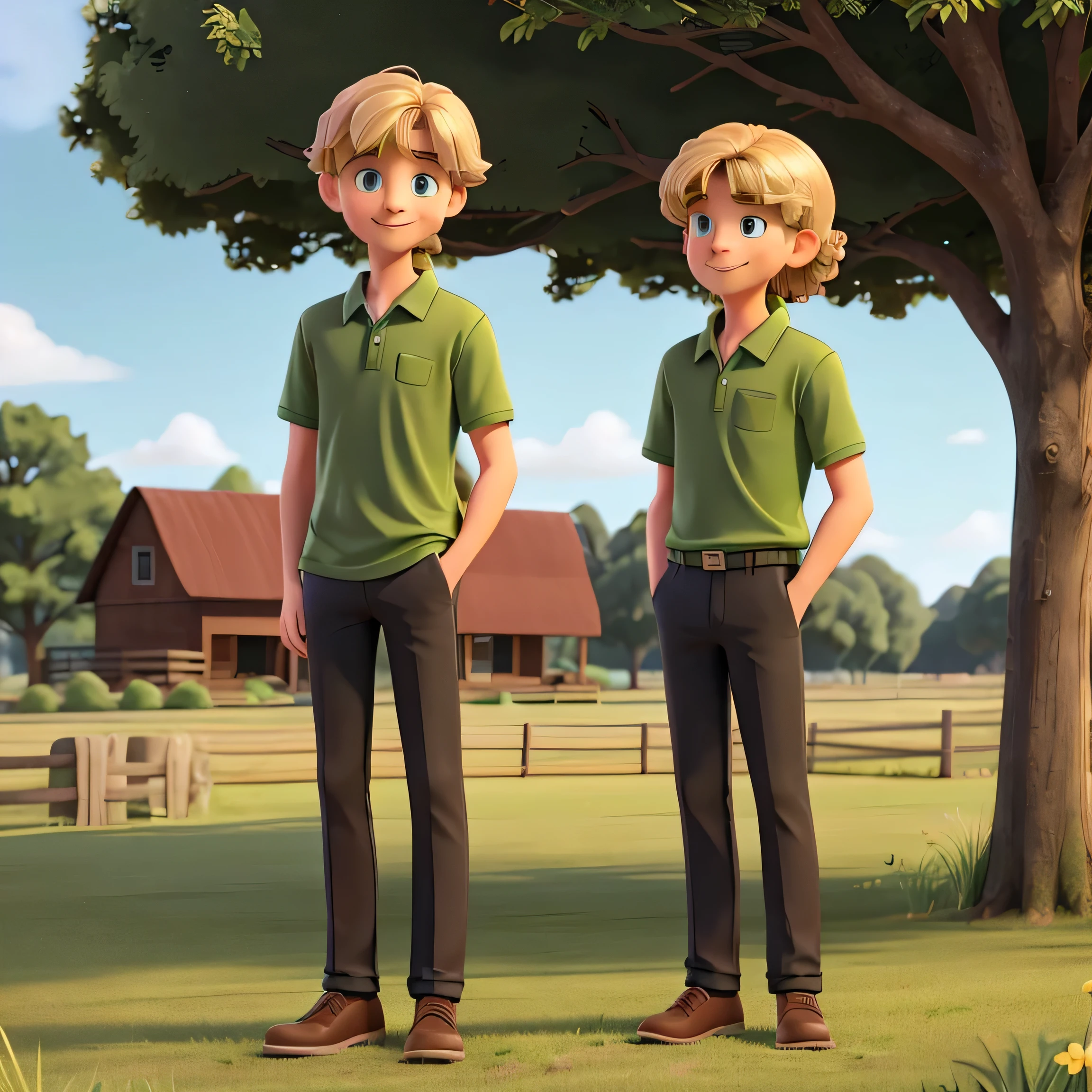 Will is a tall and sturdy young man with a, curly blonde mullet. He is wearing a green polo shirt and black trousers, with black shoes. He stands in a grassy backyard, slightly amused expression. Will’s outfit and setting give him a casual, laid-back appearance, fitting for a rural or farming environment.
