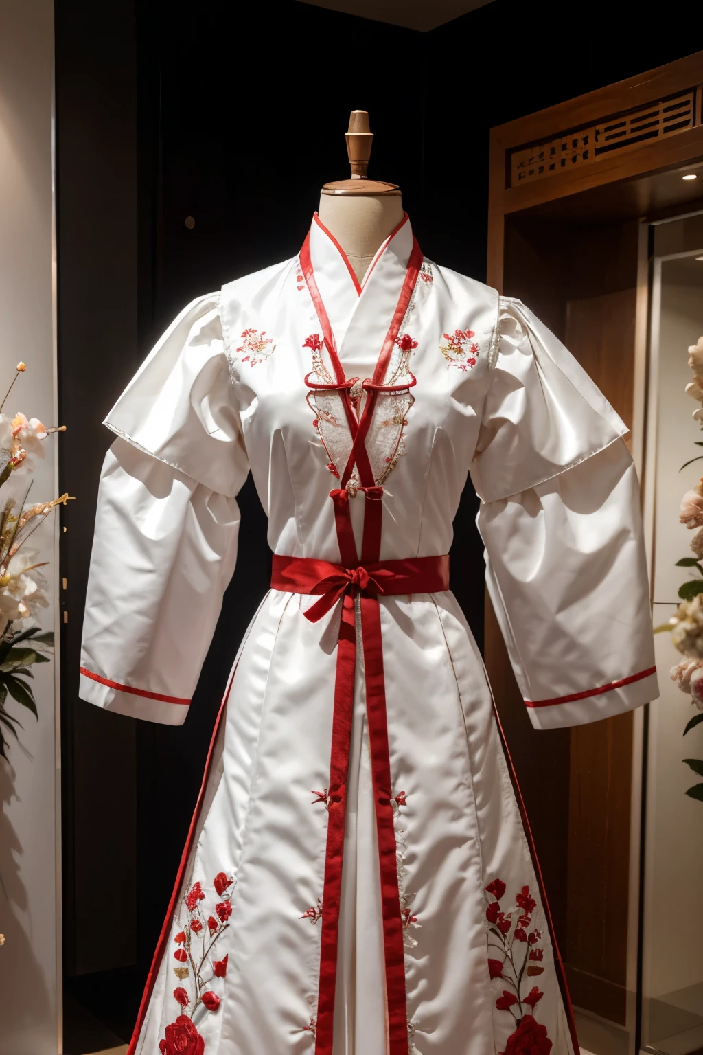 A hanbok displayed on a fake mannequin, unmanned, costume design, Caoxian hanbok, hanbok, white and red, hanbok with peony and woodgrain motifs, costume display, hanging on a tailor-made plastic mannequin, delicate and intricate detailing, embroidery, modern, stylish, luxury drapery, solid color background, high key lighting, detailing, photography, UHD
