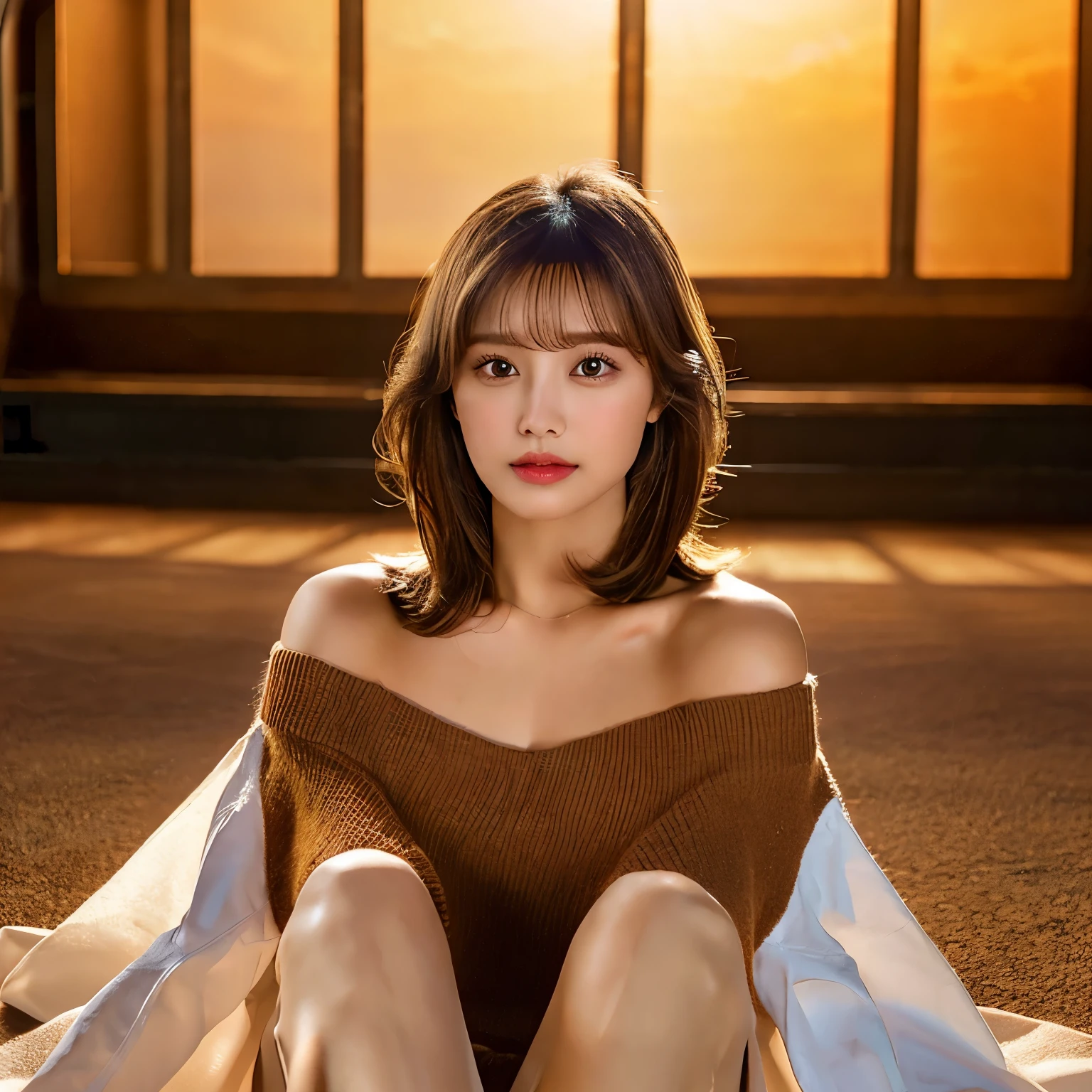 highest quality, masterpiece, Ultra-high resolution, (realism: 1.4), Original photo, One girl, Brown eyes, Off the shoulder, Cinema Lighting, Brown Hair, At sunset, Short Bob,Smooth chest, Full body images, Wearing hot pants,Her breast size is A cup,Beautiful feet
