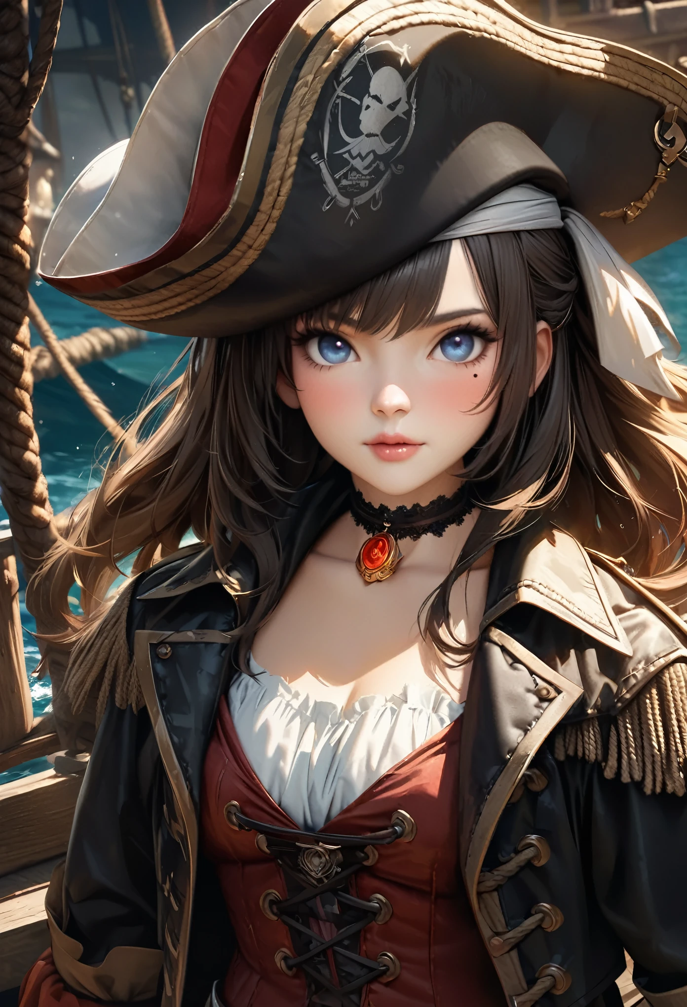 Littlemasterpiece, highest quality, Very detailed, High resolution, High resolution, High resolution, 4K, 8k, unity 8k wallpaper, Very detailed CG, masterpiece, Realistic, Beautiful details, depth, Fine texture, highest quality: 1.3, Total concentration, Perfect Skin, he, Very cute anime, Female pirate, Pirate Costume, pirate ship, whole body, Mole under the eye, vision, expensive, blush, Lips parted, heの芸術, blue eyes, choker
