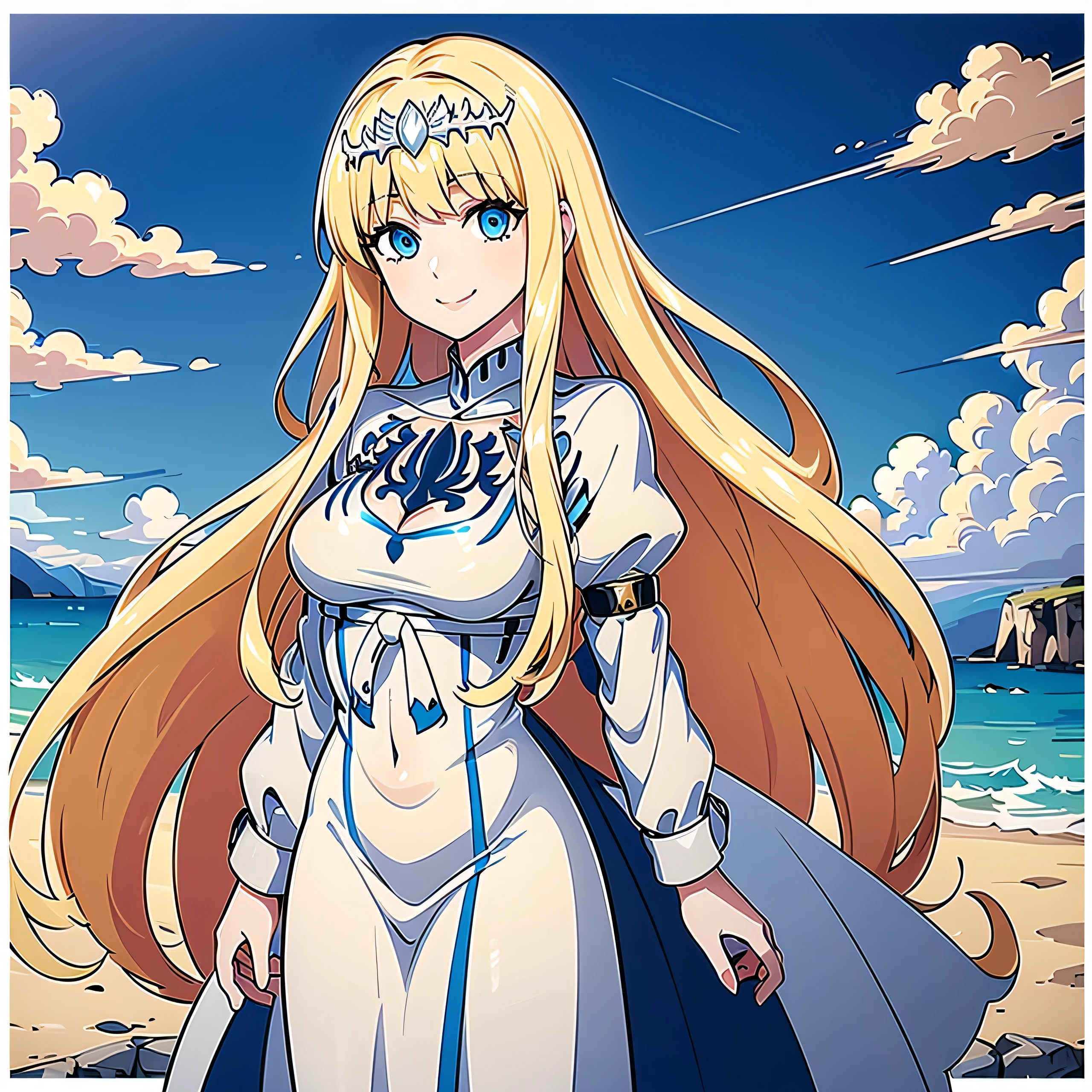 masterpiece, best quality, ,cowboy shot, blue sky, clouds, looking at viewer, hair blowing in the wind, smile,1girl,solo, calca, blonde hair, , medium chest, extremely long hair, very long hair, extra long hair, white tiara, white dress, blue eyes,