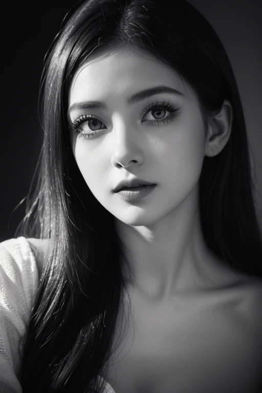 a girl in a black and white dress, beautiful detailed eyes, beautiful detailed lips, long eyelashes, vintage photography, classic black and white portrait, high contrast, film noir style, dramatic lighting, grayscale tones