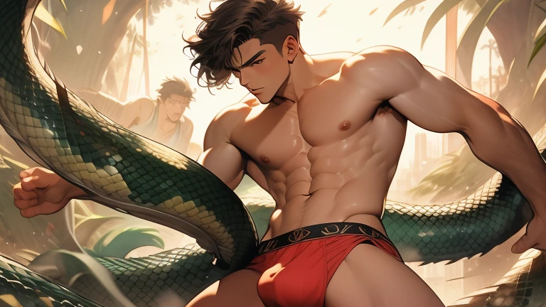 Watercolor, in the style of Caravaggio, a masterpiece A young man, beige Slip panties that show off your thighsin clothes torn to shreds fights off a brown anaconda coiled around him