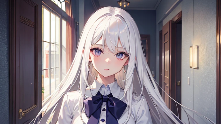 High-definition quality，A tall beauty，White hair，Waist-length hair，Exquisite facial features，Gentle eyes，Purple pupils，Cute face，White school uniform，Cute with a touch of charm，站在教室Door口，Door，corridor