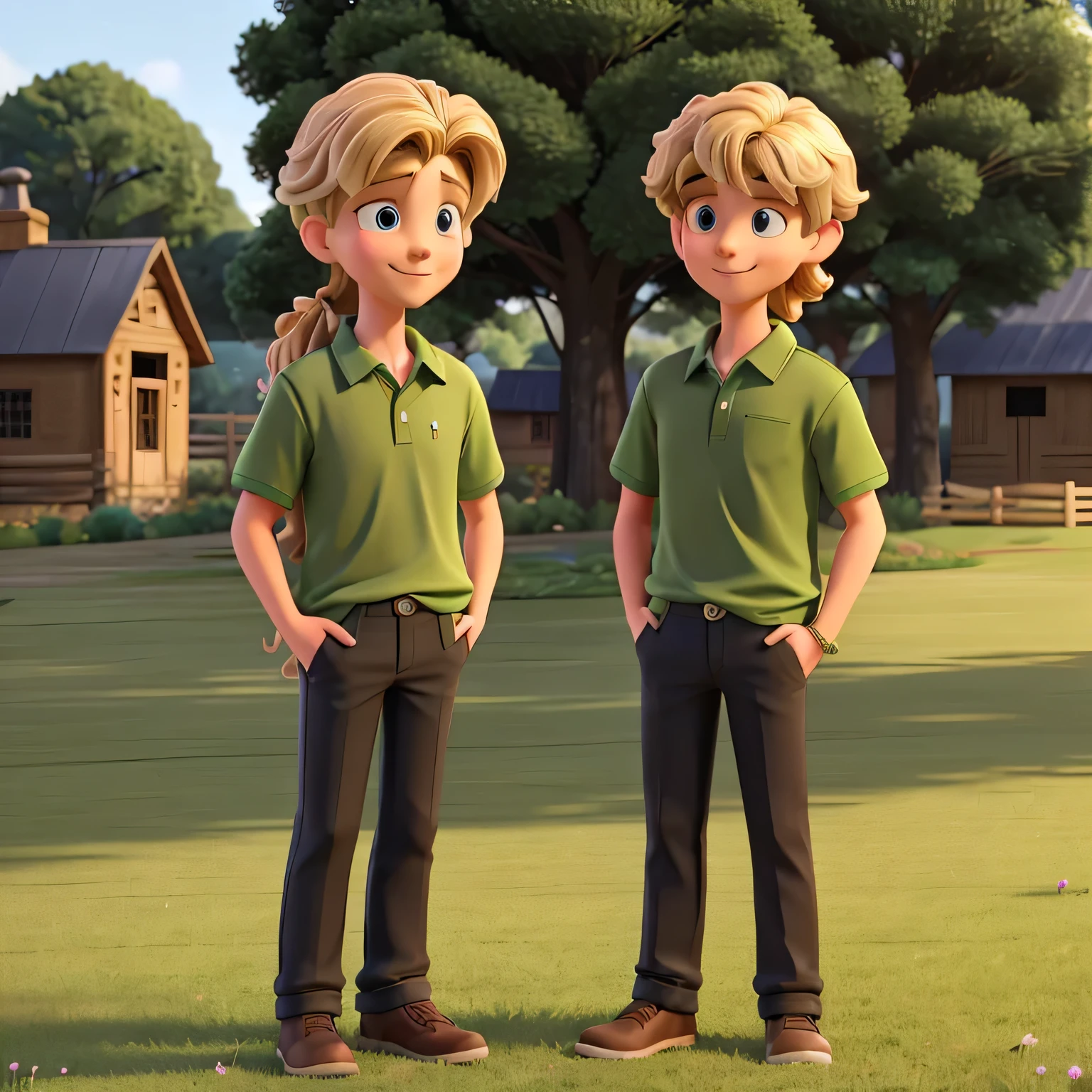 Will is a tall and sturdy young man with a, curly blonde mullet. He is wearing a green polo shirt and black trousers, with black shoes. He stands in a grassy backyard, slightly amused expression. Will’s outfit and setting give him a casual, laid-back appearance, fitting for a rural or farming environment.