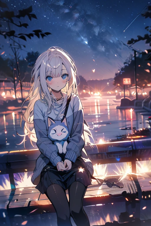 Relaxed character and white cat anime girl sitting on a bench looking at the stars, anime art wallpaper 8 k, anime art wallpaper 4k, anime art wallpaper 4 k, 4k anime wallpaper, anime wallpaper 4k, anime wallpaper 4 k, anime style 4 k, 4 k manga wallpaper, watching the sun set. anime, anime girl desktop background, anime wallpaper, anime background