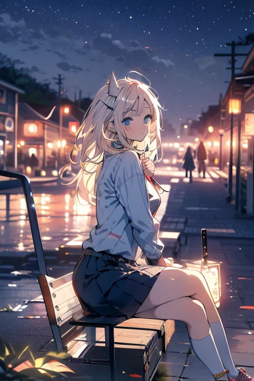 Relaxed character and white cat　anime girl sitting on a bench looking at the stars, anime art wallpaper 8 k, anime art wallpaper 4k, anime art wallpaper 4 k, 4k anime wallpaper, anime wallpaper 4k, anime wallpaper 4 k, anime style 4 k, 4 k manga wallpaper, watching the sun set. anime, anime girl desktop background, anime wallpaper, anime background