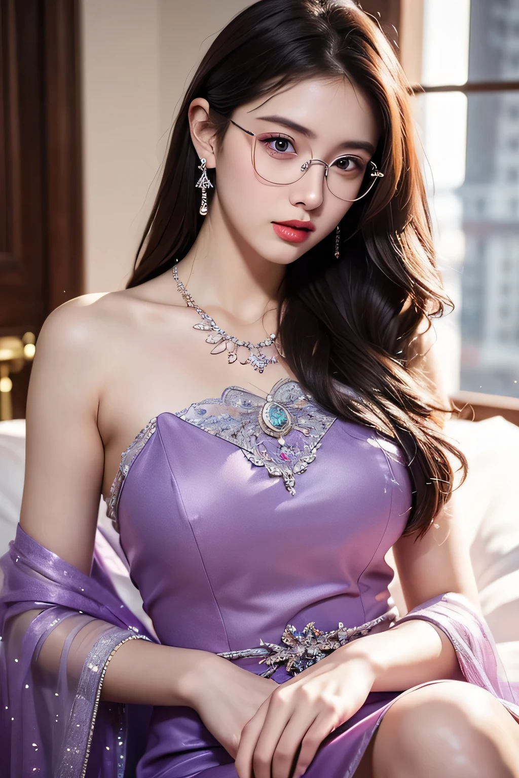 Top CG, Highest image quality, masterpiece, Gentle and beautiful girl, (185cm美女), (fit), Imperial sister, Queen temperament, White skin, ((Long legs)), perfect facial features, Bright Eyes, Seductive pose, Red lips, Beautiful and cold (A major breakthrough)), Beautiful and heroic, Soft and long hair, Glittering, Lace, net, Visible through clear skin, wear glasses, diamond earrings, ruby neckLace, (Purple dress), 8K Image Quality, (Realistic Portraits), Characters fill the screen, (Facial lighting), ((eternal)