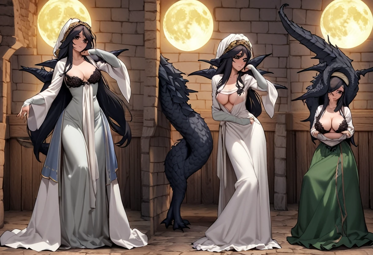 A serpentine black dragon magically transforms into a lovely Malaysian woman (dressed like a Romanian trollop), set in a medieval European village under a full moon. She is a trickster spirit and has seduction to get up too, her dress ACCIDENTALLY drops off how clumsy (show her from head to toe, she hand bra covers herself just enough to be SFW)