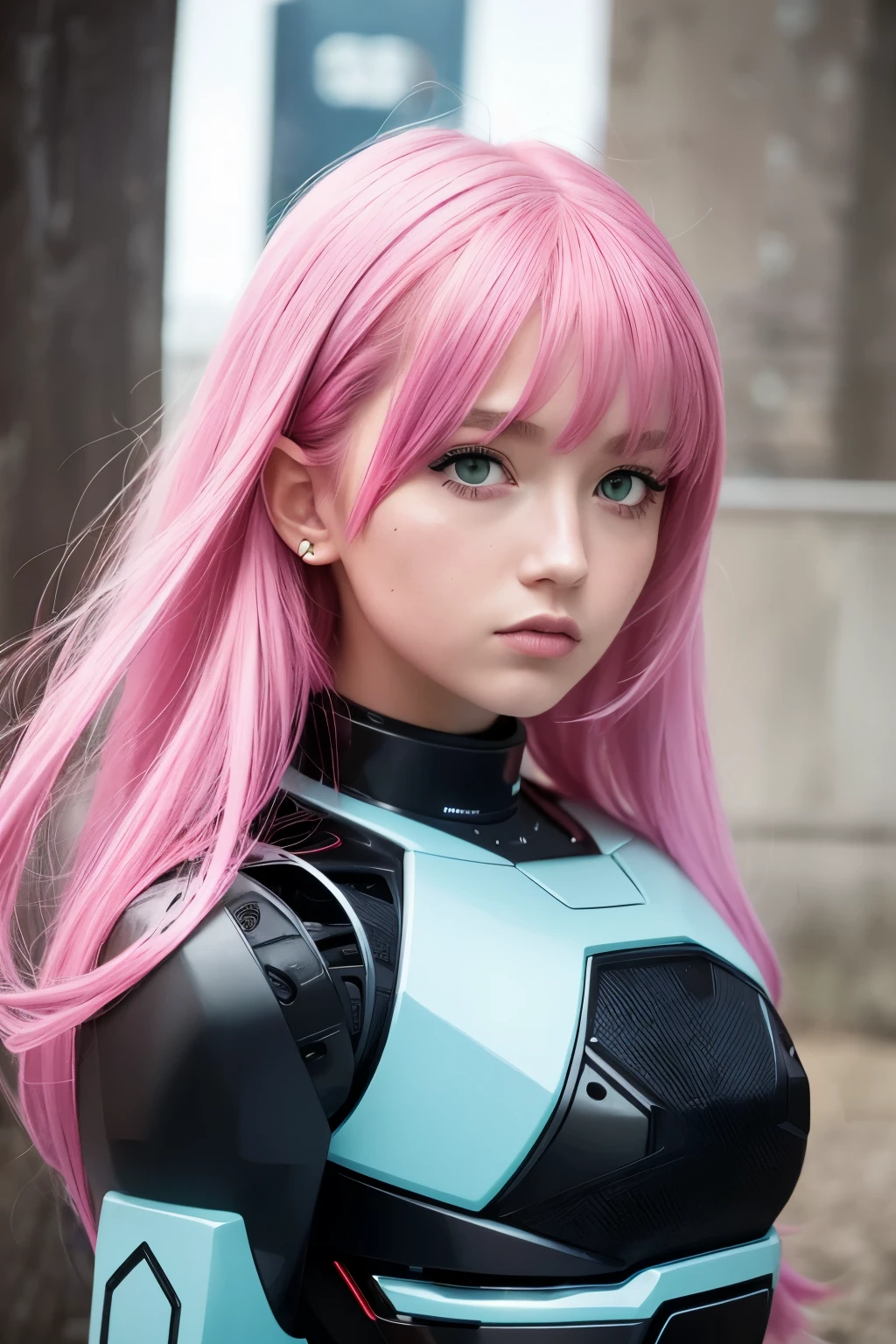 Girl, Robot, Pink hair, green eyes,🤖🔥