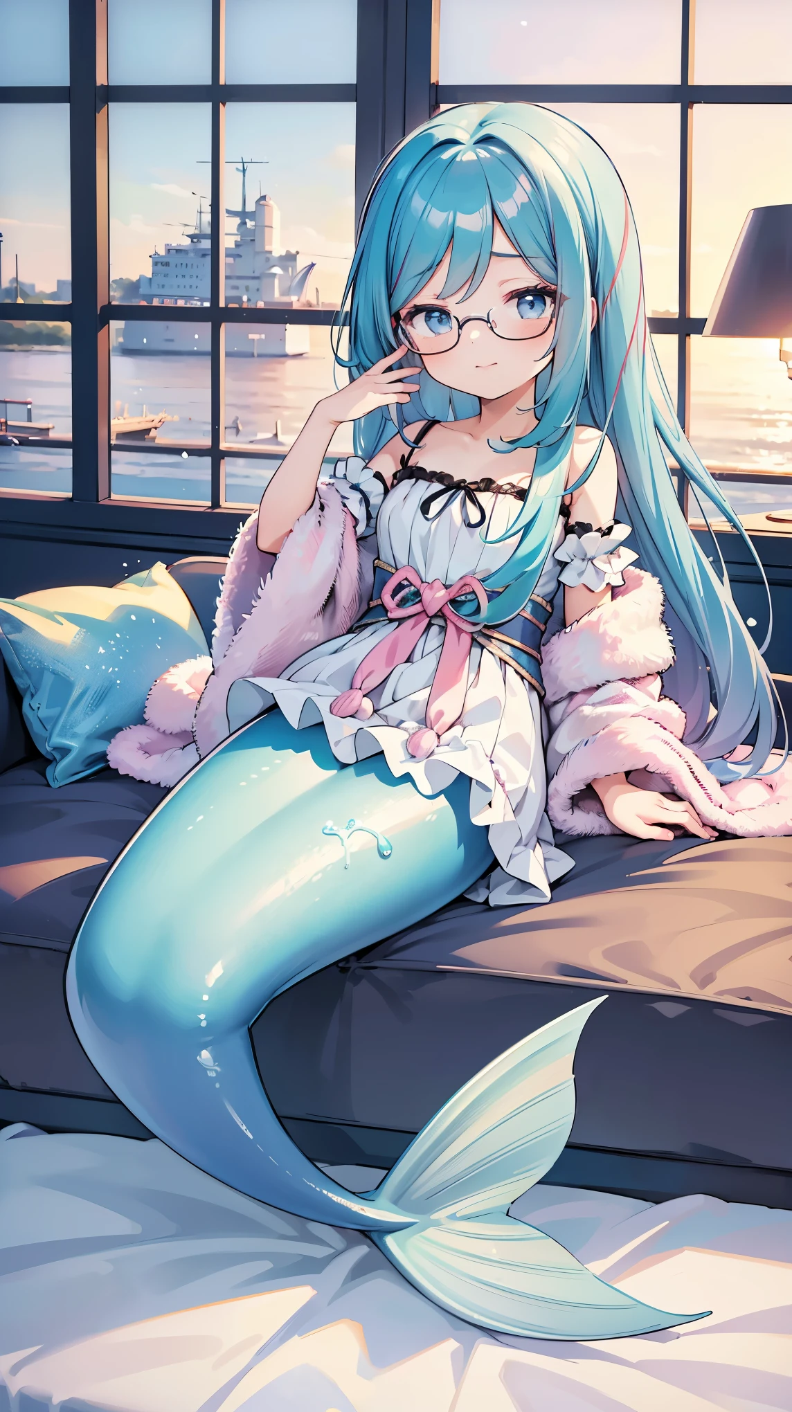 masterpiece, best quality,Mermaid,A girl,solo,蓝色的Mermaid尾巴,Glasses,charming脸, Oval face(Kawaii, charming,Soft),full-body shot,Sitting on the sofa,bedroom,sea view outside the window,