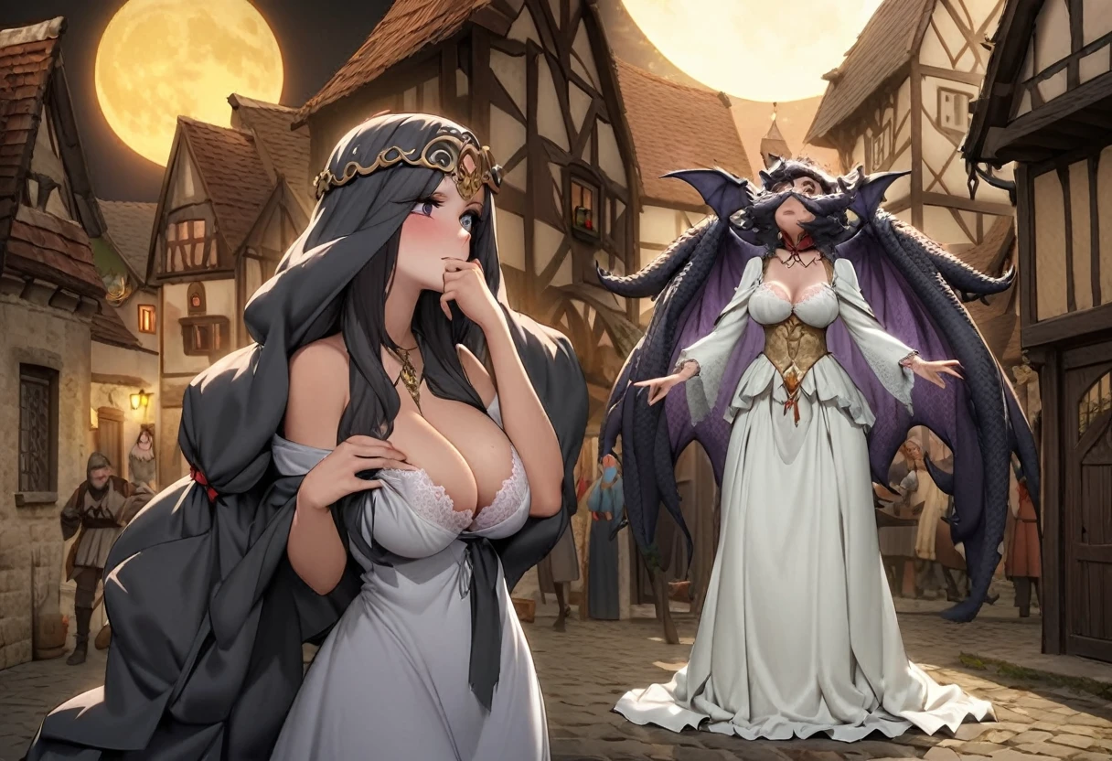 A serpentine black dragon magically transforms into a lovely Malaysian woman (dressed like a Romanian trollop), set in a medieval European village under a full moon. She is a trickster spirit and has seduction to get up too, her dress ACCIDENTALLY drops off how clumsy (show her from head to toe, she hand bra covers herself just enough to be SFW)