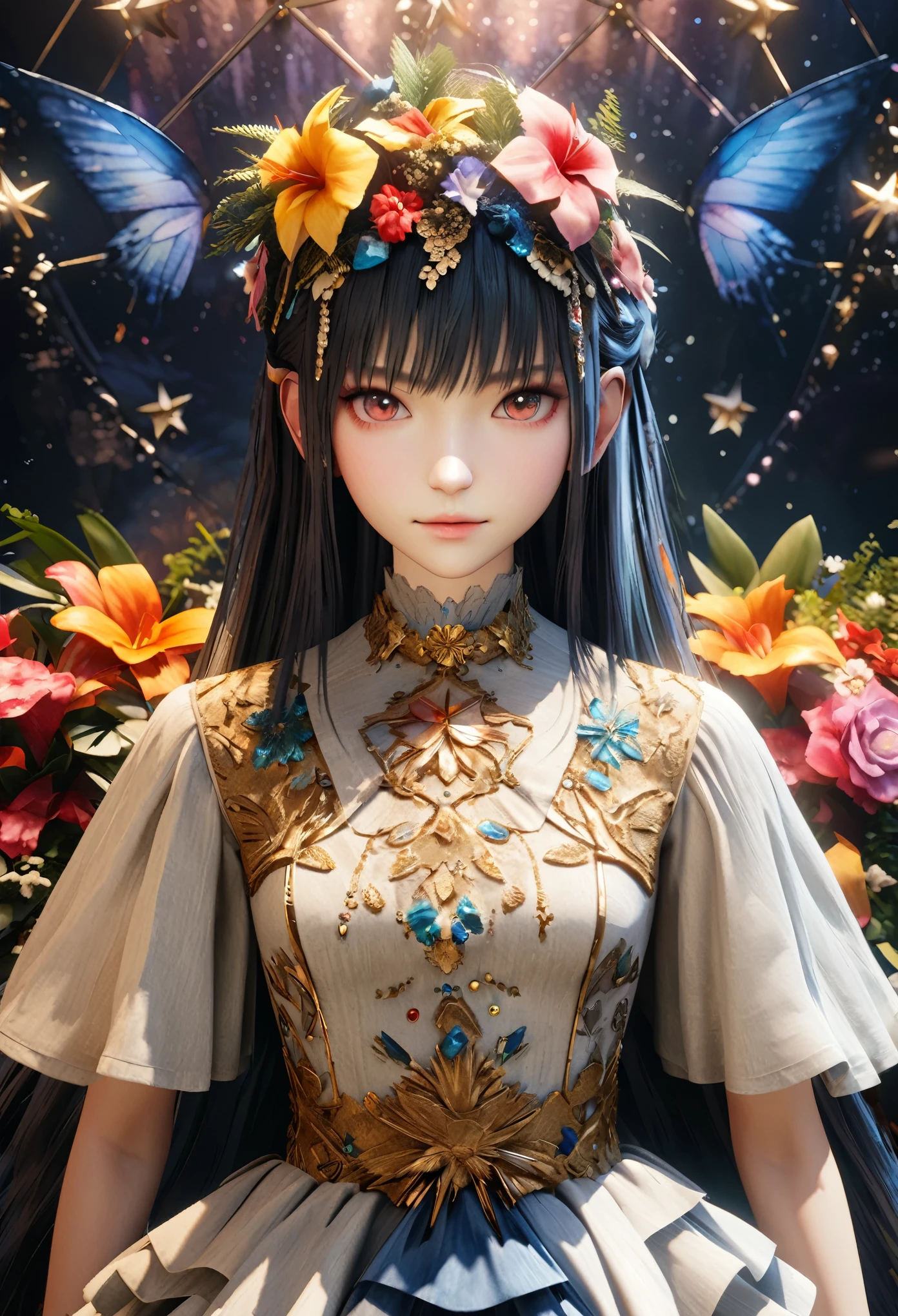 masterpiece, highest quality, High resolution, High resolution, An expensive solution, High resolution, 4K, 8k, unity 8k wallpaper, High resolution CG, masterpiece, Genuine, 2D, 3D, Beautiful details, depth, Fine texture, Great quality: 1.3 , Create an anime-style illustration of a character wearing a gorgeous Hawaiian dress adorned with flowers and jewels。, Perfect focus and bright night beach background. Draw a close-up of the upper body. {{The dress should have multiple layers and special ruffles, It is embedded with gemstones of various colors.. }} , The character's pink hair、It should be long and flowing to show off the intricate design of the dress.。. The cityscape at night is vibrant. The streets are lit up in different colors、The area is bustling with lights that tell the tale of a vibrant nightlife。. The light from the building is reflected on the water..With a smile