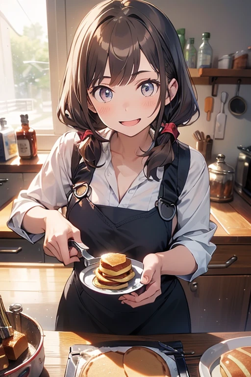 (from above:1.0) (highest quality:1.5),(8k,masterpiece, top quality, best quality,beautiful and aesthetic:1.2,professional illustrasion:1.1,ultra detail:1.3,perfect lighting),extremely detailed,highest detailed,incredibly absurdres , highres, ultra detailed,intricate:1.3,(Alchemy Workshop:1.4),A girl mixing,Medicine in many small bottles,colorful:1.4,zentangle,(1girl),(highly detailed beautiful face and eyes,firm breasts),real skin,((brown hair,long pony tail hair)),thin pubic hair:1.3,cute,lovely,17 years old, learning to make a pancakes cooking, alchemist costume,smile,in the kitchen,smile,seductive weak smiling,(with sparkling eyes and a contagious smile),open mouth, Looking at Viewer,