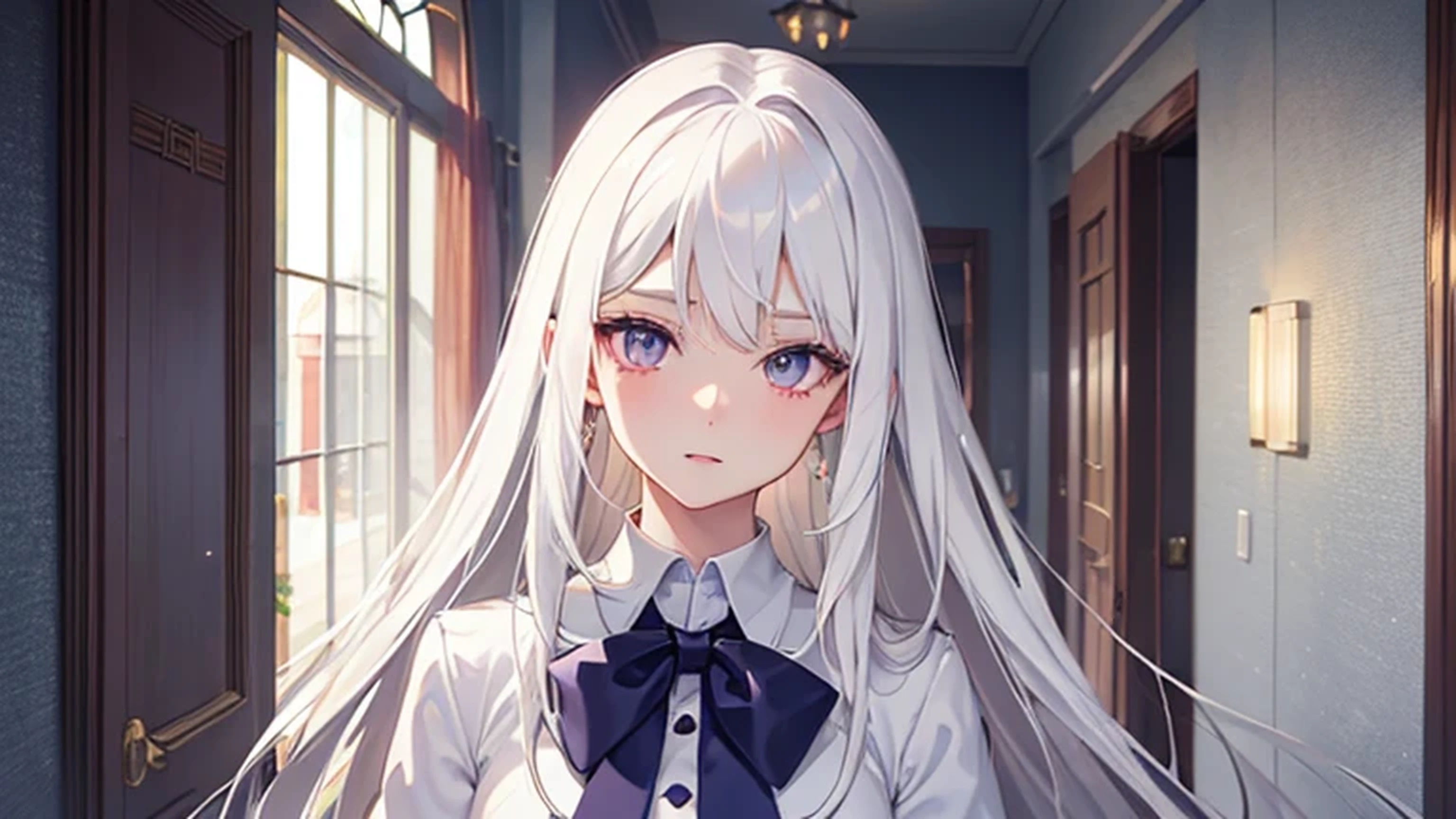 High-definition quality,A tall beauty,White hair,Waist-length hair,Exquisite facial features,Gentle eyes,Purple pupils,Cute face,White school uniform,Cute with a touch of charm,Standing at the classroom door,Door,corridor