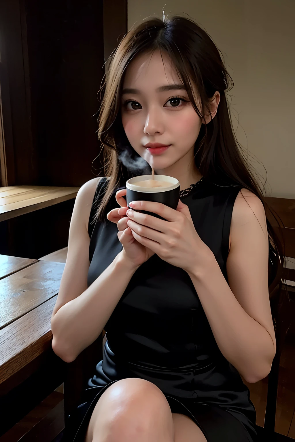 Masterpiece, realistic images, high quality, pro lighting, high resolution., one beautiful woman wearing a black silk dress, both hands wrapped around a big hot coffee cup. Steaming on top of cup, Sitting on wooden chair inside cafe, warm light, lens flare