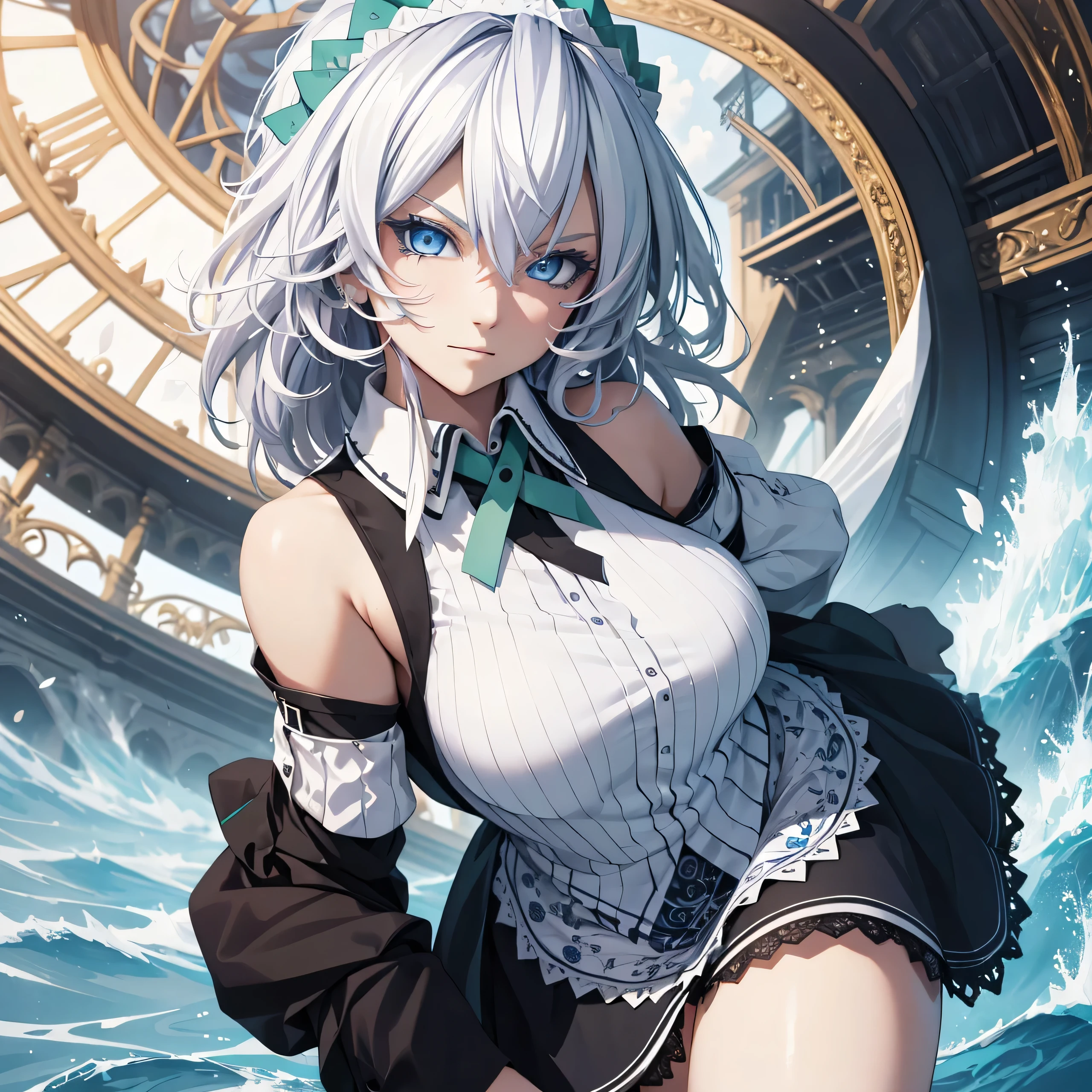 best quality，masterpiece，Ultimate resolution， downy，Extremely colorful， Colorful，，closeup of face, 1girl, solo, sakuya izayoi, silver hair, maid dress, white apron, very short skirt, sexy pose,, sleeveless outfit, detailed face, detailed eyes, fresh blue eyes, big green ribbons, blue outfit, small-to-medium breasts, white hair, bowtie girl, white maid headband