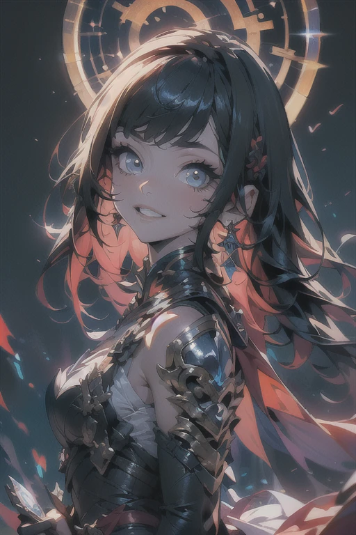 ((best quality)), ((masterpiece)), (detailed), beautiful girl with maroon colored hair surrounded by magic, modestly dressed and happy, looking up into the night sky