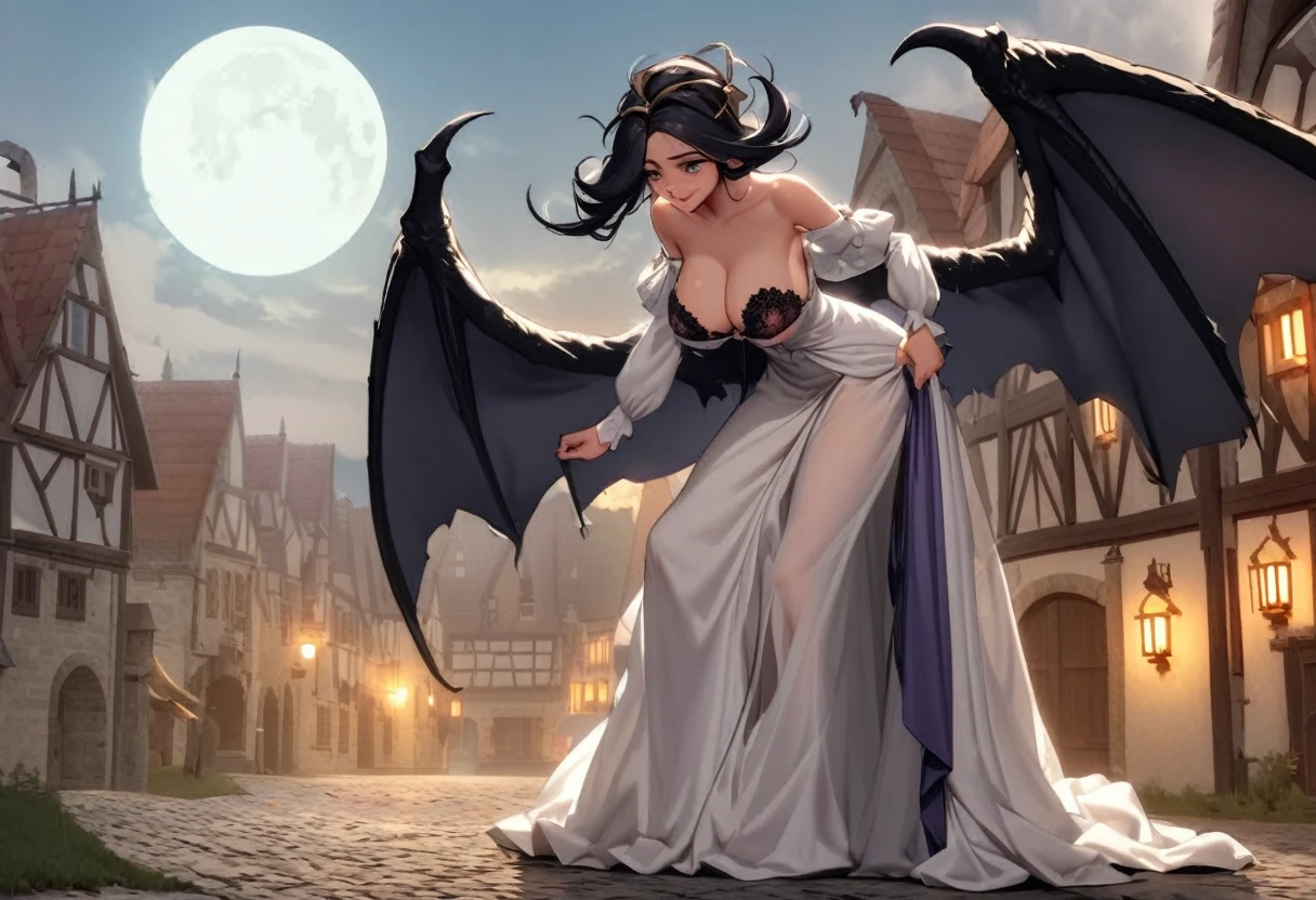 A serpentine black dragon magically transforms into a lovely Malaysian woman (dressed like a Romanian trollop), set in a medieval European village under a full moon. She is a trickster spirit and has seduction to get up too, her dress ACCIDENTALLY drops off how clumsy (show her from head to toe, she hand bra covers herself just enough to be SFW)