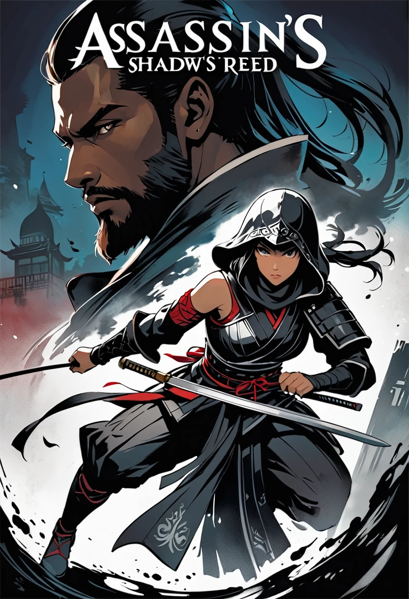 Ink drawn cover art of "Assassin's Creed: Shadows",Ink painting style,Ink brush paint,An African man in samurai armor and a ninja girl are glaring at each other,,dynamic pose,beard,night,