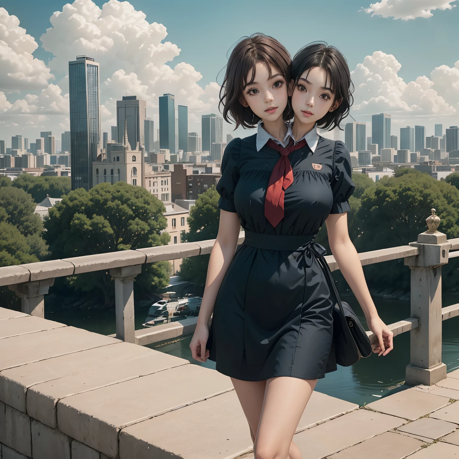1girl,bangs,black_hair,blue_sky,bridge,building,castle,city,cityscape,cloud,day,dress,looking_at_viewer,outdoors,red_neckwear,red_ribbon,ribbon,river,short_hair,short_sleeves,sky,skyscraper,solo,standing,town,water, (two heads)