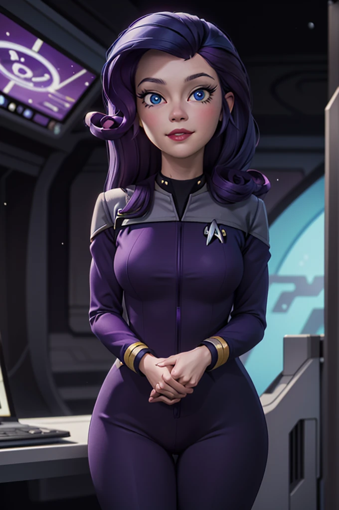 wide shot, ((best quality)), ((highly detailed)), masterpiece, (detailed eyes, deep eyes), (1girl), dynamic angle, cowboy shot, mlprarity, woman, smile, looking at viewer, ((bright purple hair)), ((blue eyes)), Standing next to a computer panel, , large breasts, realistic proportions, curvy body, lipstick, curvy hips, busty, subtly visible breasts, (((star trek warp core background))), dim lighting, facing computer screen, black uniform, grey shoulders,(((unzipping uniform)))
