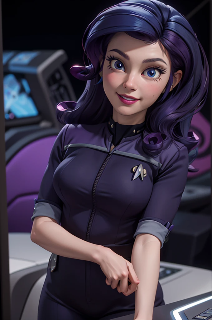 wide shot, ((best quality)), ((highly detailed)), masterpiece, (detailed eyes, deep eyes), (1girl), dynamic angle, cowboy shot, mlprarity, woman, smile, looking at viewer, ((bright purple hair)), ((blue eyes)), Standing next to a computer panel, , large breasts, realistic proportions, curvy body, lipstick, curvy hips, busty, subtly visible breasts, (((star trek warp core background))), dim lighting, facing computer screen, black uniform, grey shoulders,(((unzipping uniform)))
