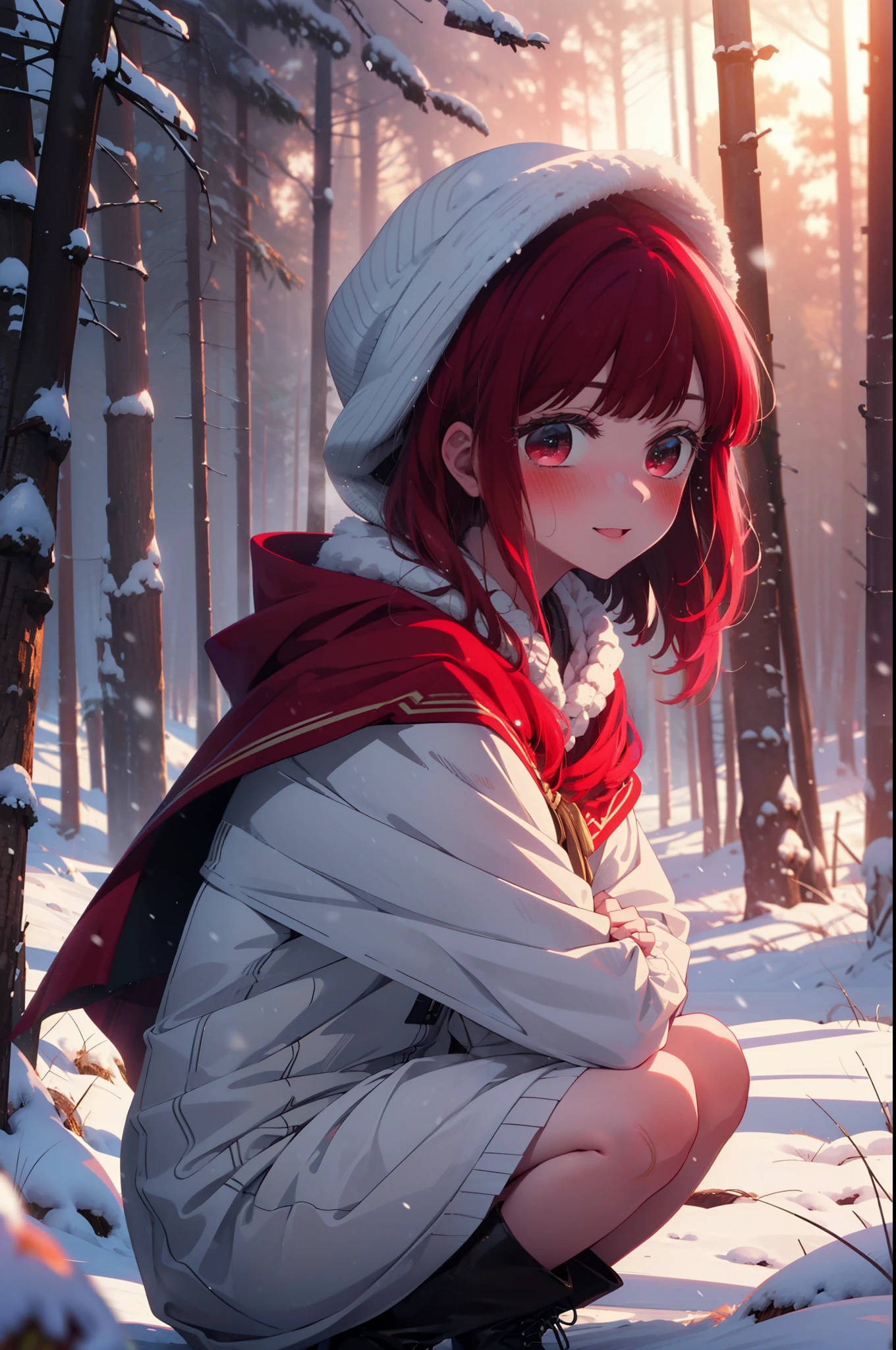 canary, Arima etc.,  Long Hair,bangs, (Red eyes:1.3), Redhead, smile,Small breasts,ribbon,smile,blush,White Breath,
Open your mouth,snow,Ground bonfire, Outdoor, boots, snowing, From the side, wood, suitcase, Cape, Blurred, , forest, White handbag, nature,  Squat, Mouth closed, Cape, winter, Written boundary depth, Black shoes, red Cape break looking at viewer, Upper Body, whole body, break Outdoor, forest, nature, break (masterpiece:1.2), highest quality, High resolution, unity 8k wallpaper, (shape:0.8), (Beautiful and beautiful eyes:1.6), Highly detailed face, Perfect lighting, Highly detailed CG, (Perfect hands, Perfect Anatomy),