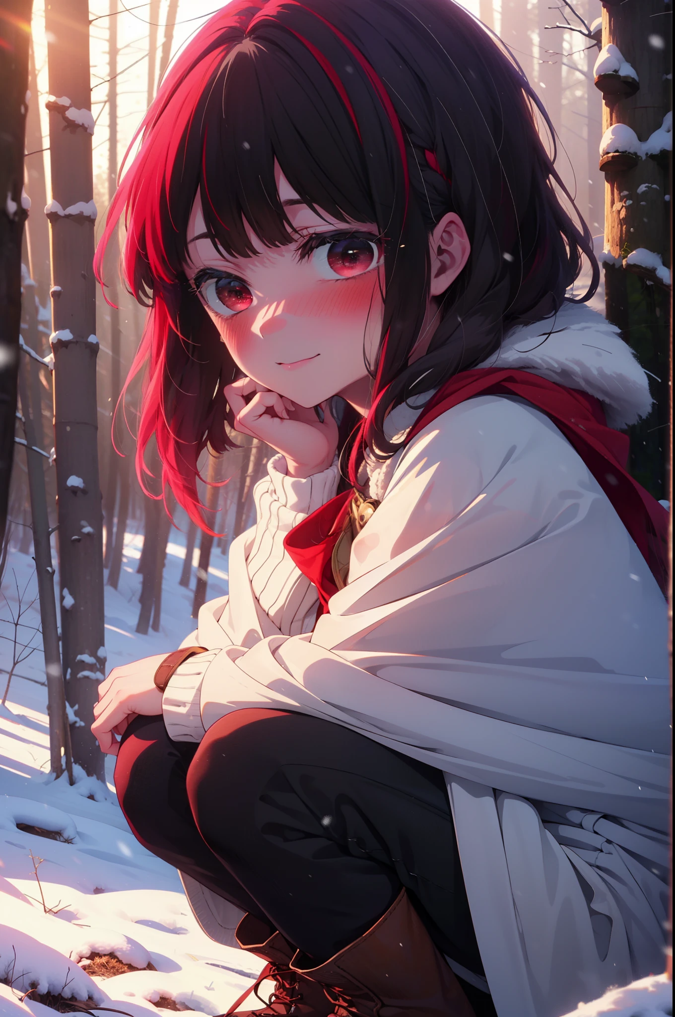 canary, Arima etc., Long Hair,bangs, (Red eyes:1.3), Redhead, smile,Small breasts,ribbon,smile,blush,White Breath,
Open your mouth,snow,Ground bonfire, Outdoor, boots, snowing, From the side, wood, suitcase, Cape, Blurred, , forest, White handbag, nature, Squat, Mouth closed, Cape, winter, Written boundary depth, Black shoes, red Cape break looking at viewer, Upper Body, whole body, break Outdoor, forest, nature, break (masterpiece:1.2), highest quality, High resolution, unity 8k wallpaper, (shape:0.8), (Beautiful and beautiful eyes:1.6), Highly detailed face, Perfect lighting, Highly detailed CG, (Perfect hands, Perfect Anatomy),