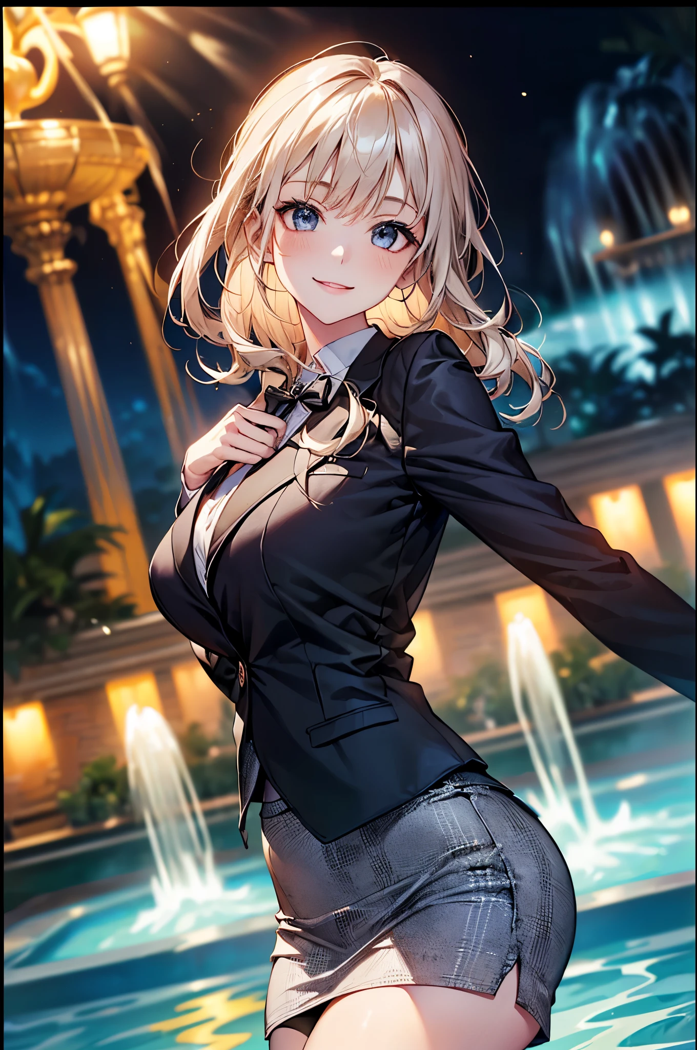 ((Biologically correct limb count))、(( whole body including face))、4K、Masterpiece、((Focus on the face))、((Symmetrical, well-proportioned facial features))、Eyes with delicate depictions、(((1 person)))、Beautiful woman、Outstanding style、Slender Body、(High heels with anklets)、(((Black jacket、blazer、shirt、Checked Skirt、stockings))、(((Huge fountain with white framed photo)))、(Shy、smile)、Upper body close-up、(Sidelong glance)、High angle、night、
