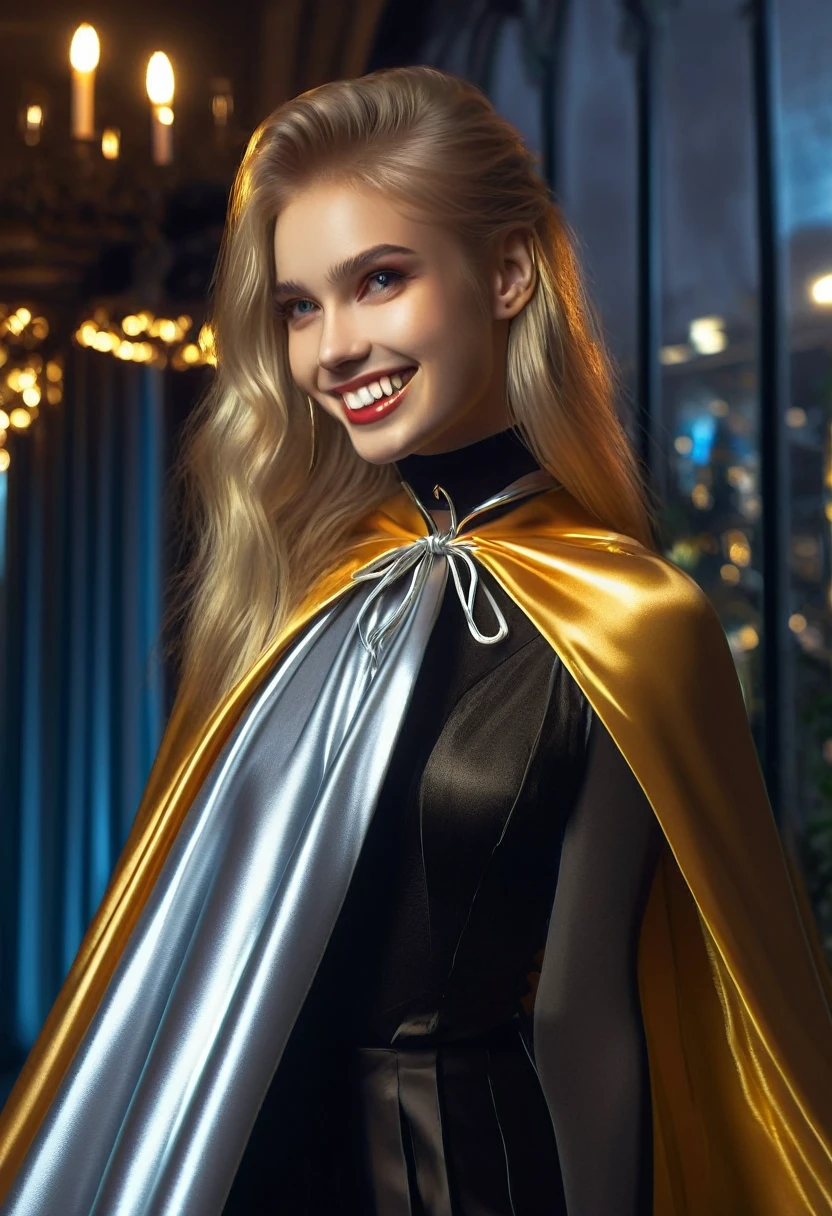 Vampyfangs1,(RAW photo) , 1girl, cute, 20 years old, long blonde hair in ponytail, smiling, look at viewer, ((((silver and gold lined satin cape tied at the neck)))+++, side spilt skirt , photo, realistic, best quality, hires, detailed face, detailed background, diffused lighting, depth of field, bokeh