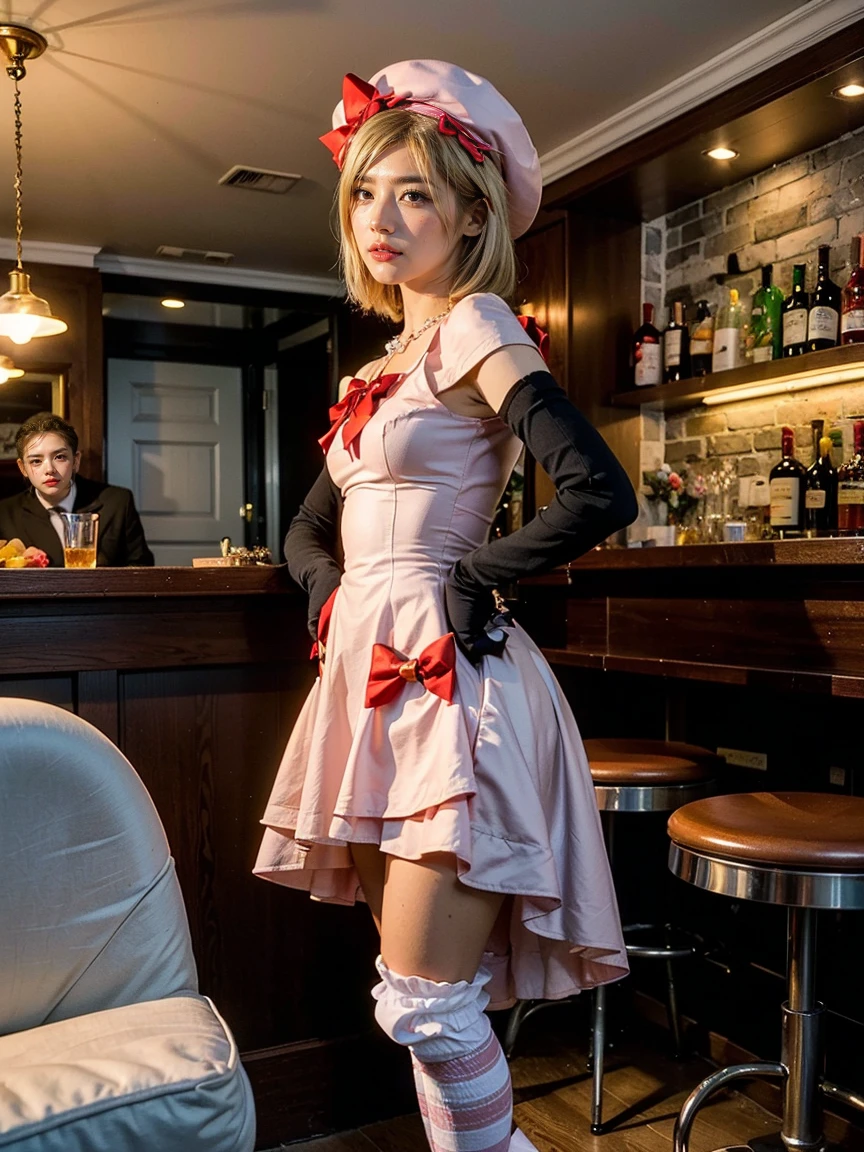 (1 lady), The beautiful, (Best quality at best:1.4), (ultra - detailed), (extremely detailed CG unified 16k), gold blonde hair, very detailed, High-definition RAW color photo, professional photoshooting, amazing face and eyes, cosmetics, (amazingly beautiful girl), ((lambdadelta)), ((dress, shoes bow, red shoes, striped stockings, red bow, pink hat, necklace, gloves, partially nude)), standing, sexyposture,(Dark and stylish bar, drinks, lamp lights, lamp lights:1.3), (look from down), realistic cinematic face, head to feet long wide zoomed out view, full body long view, photorealistic, ((realistic natural blonde hair style, honey eyes)), gorgeous, extremely beautiful face, perfect model beauty, pout mouth, flirting smile, cleavages, city girl, western, shopping in the city, (masterpiece), best quality, high resolution, extremely detailed, blurred background, depth of field, cinematic lighting, amazing legs, high heels, clear and well-cared skin