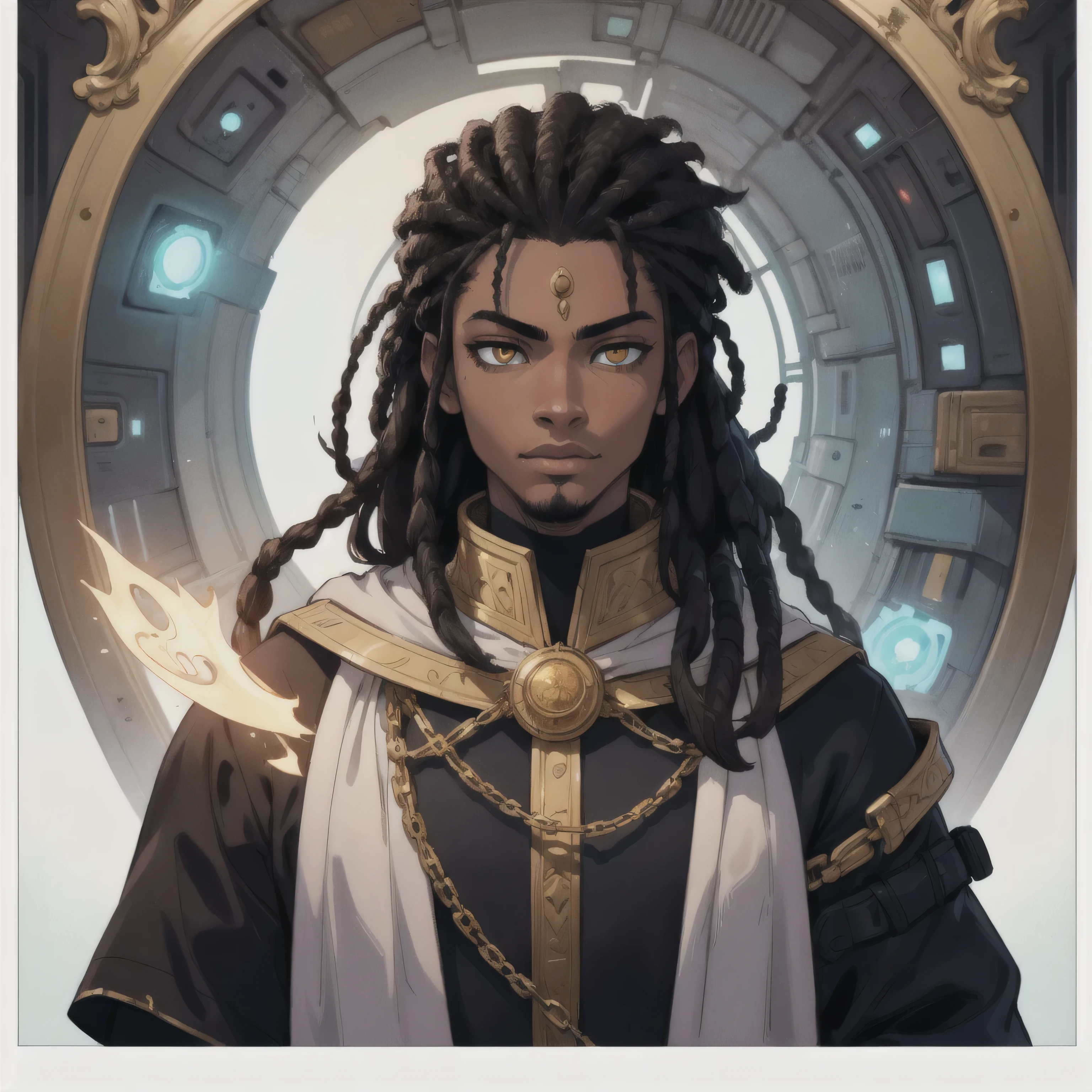 A wasit up solo portrait, Masterpiece Quality, complex details, close-up shot, color-defused, of a young African-American prince, with short black dreadlocks, and golden eyes, dressed casually, mage, he's a sorcerer, Sci-fi, Fantasy