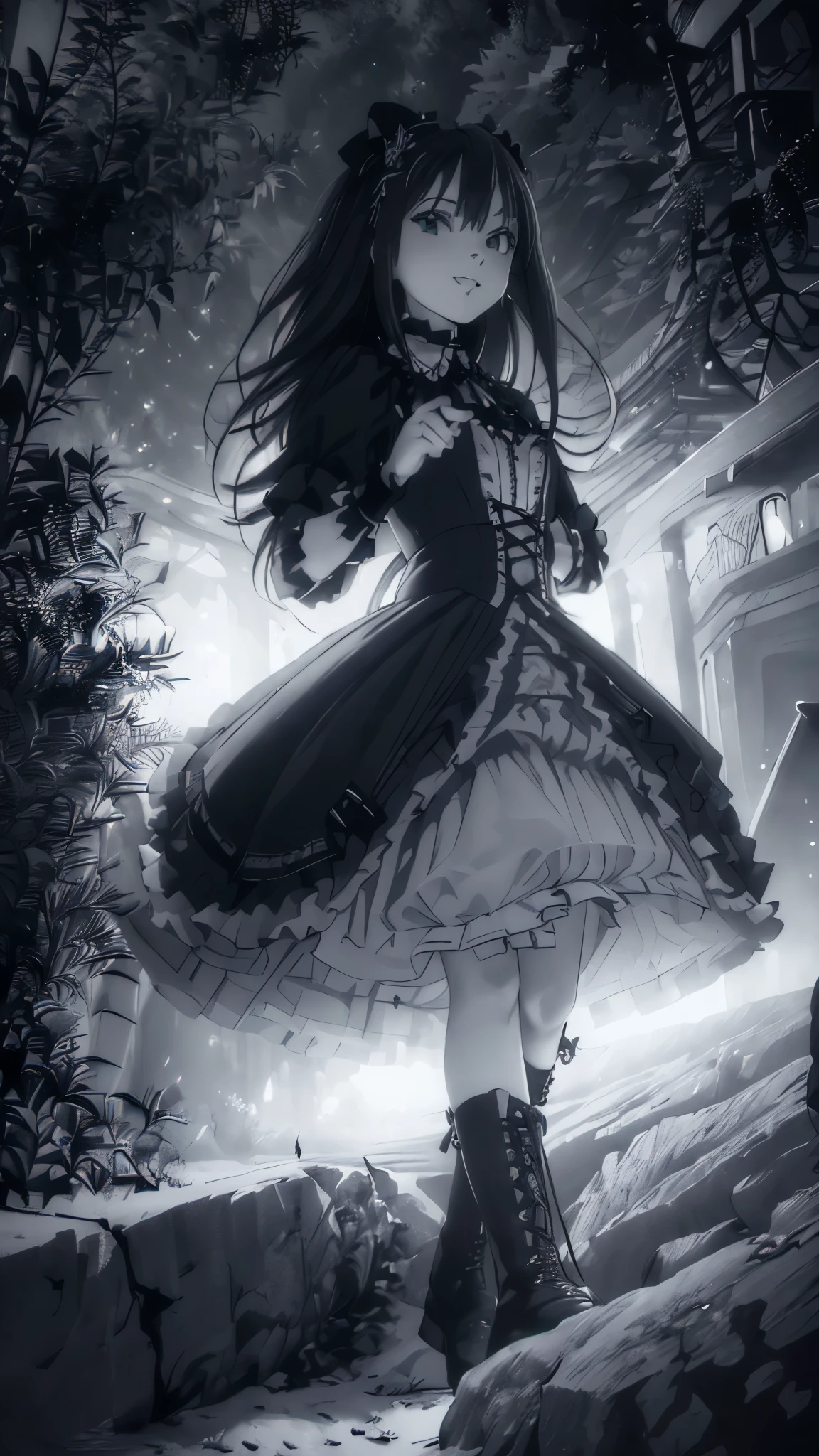 (((Top quality ultra detail,Unity 8k))),(((grayscale,Black and White))),(Gothic Lolita:1.2),long dress,Lace-up boots,smile,,close mouthワイドショット,((Outdoor)),(((dynamic angle,Various poses))),rin shibuya,High Contrast Lighting