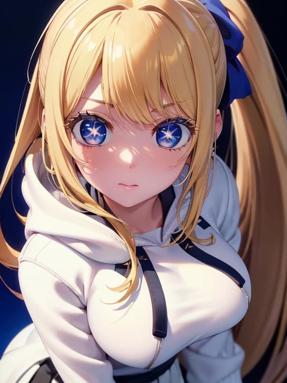 1woman,super beautiful,Standing, close up photo,Beautiful eyes, very detailed face,cute, tennis skirt,HD face, perfect face, white hoodie,long hoodie,black mini skirt,Very big breasts,Blonde hair,long hair,ponytail,bangs,blue eyes,ultra detail,ultra Hd, masterpiece,4k