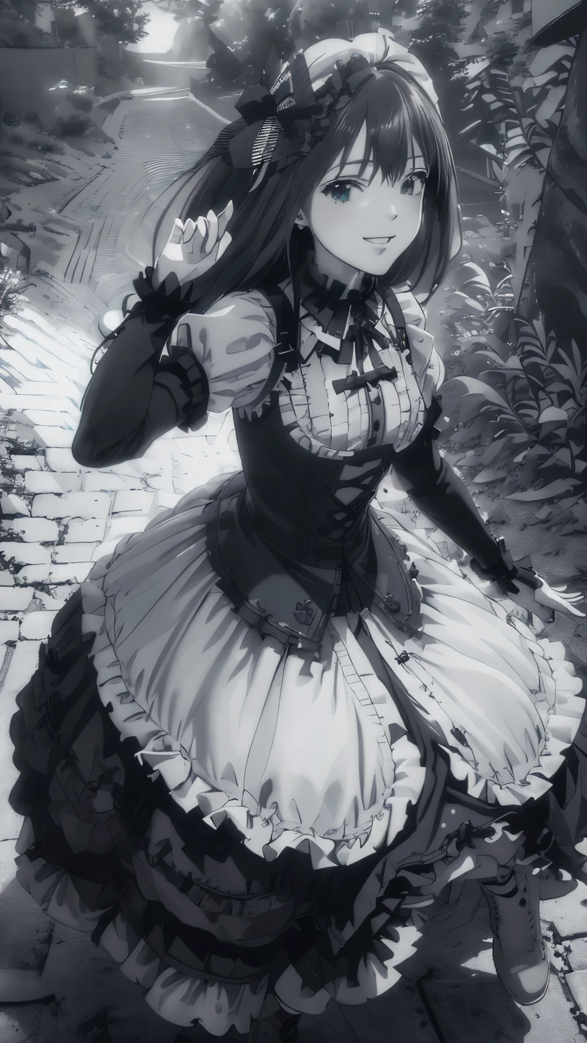 (((Top quality ultra detail,Unity 8k))),(((grayscale,Black and White))),(Gothic ta:1.2),long dress,Lace-up boots,smile,,close mouthワイドショット,((Outdoor)),(((dynamic angle,Various poses))),rin shibuya,High Contrast Lighting