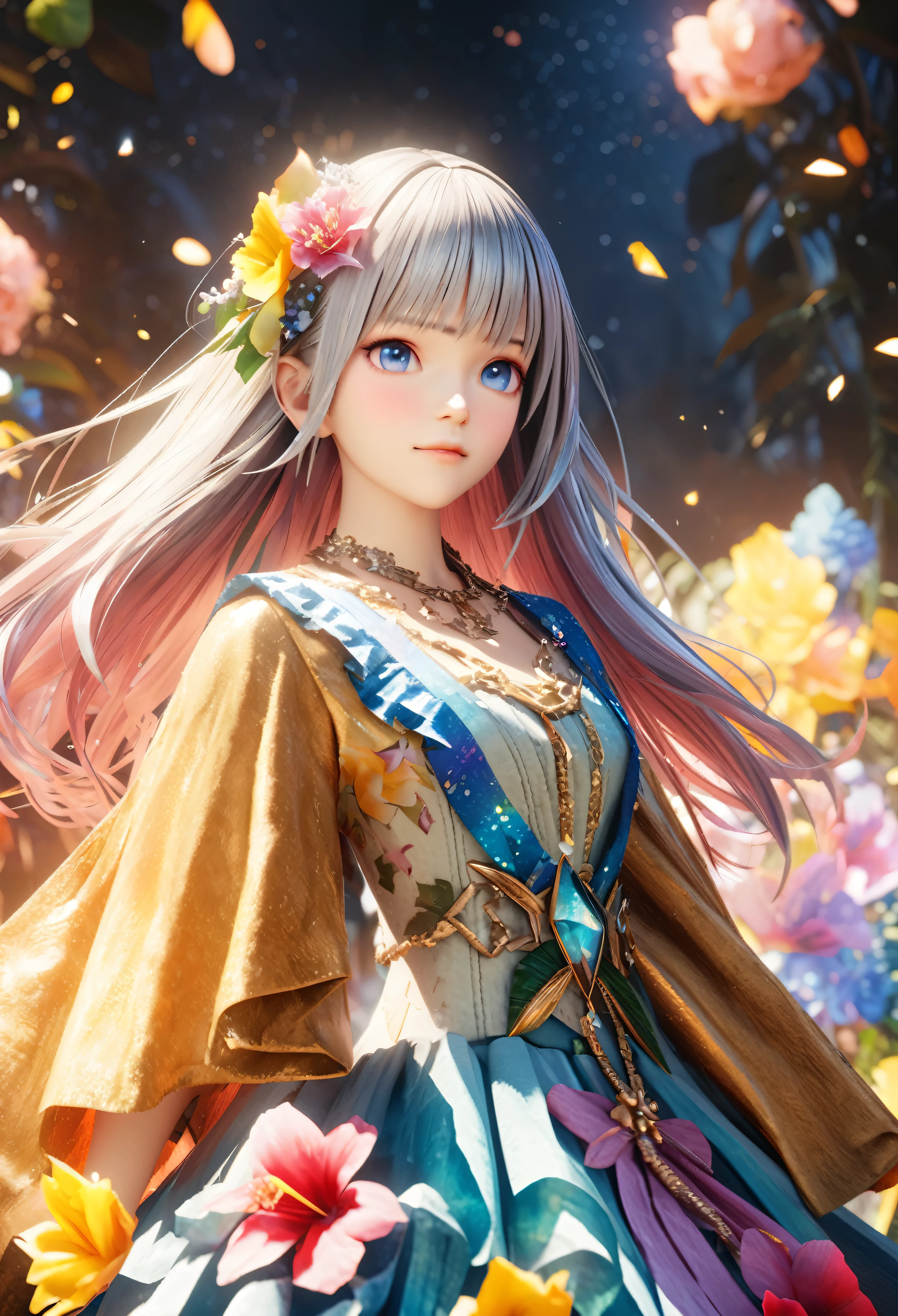 masterpiece, highest quality, High resolution, High resolution, An expensive solution, High resolution, 4K, 8k, unity 8k wallpaper, High resolution CG, masterpiece, Genuine, 2D, 3D, Beautiful details, depth, Fine texture, Great quality: 1.3 , Create an anime-style illustration of a character wearing a gorgeous Hawaiian dress adorned with flowers and jewels。, Perfect focus and bright night beach background. Draw a close-up of the upper body. {{The dress should have multiple layers and special ruffles, It is embedded with gemstones of various colors.. }} , The character's pink hair、It should be long and flowing to show off the intricate design of the dress.。. The cityscape at night is vibrant. The streets are lit up in different colors、The area is bustling with lights that tell the tale of a vibrant nightlife。. The light from the building is reflected on the water..With a smile