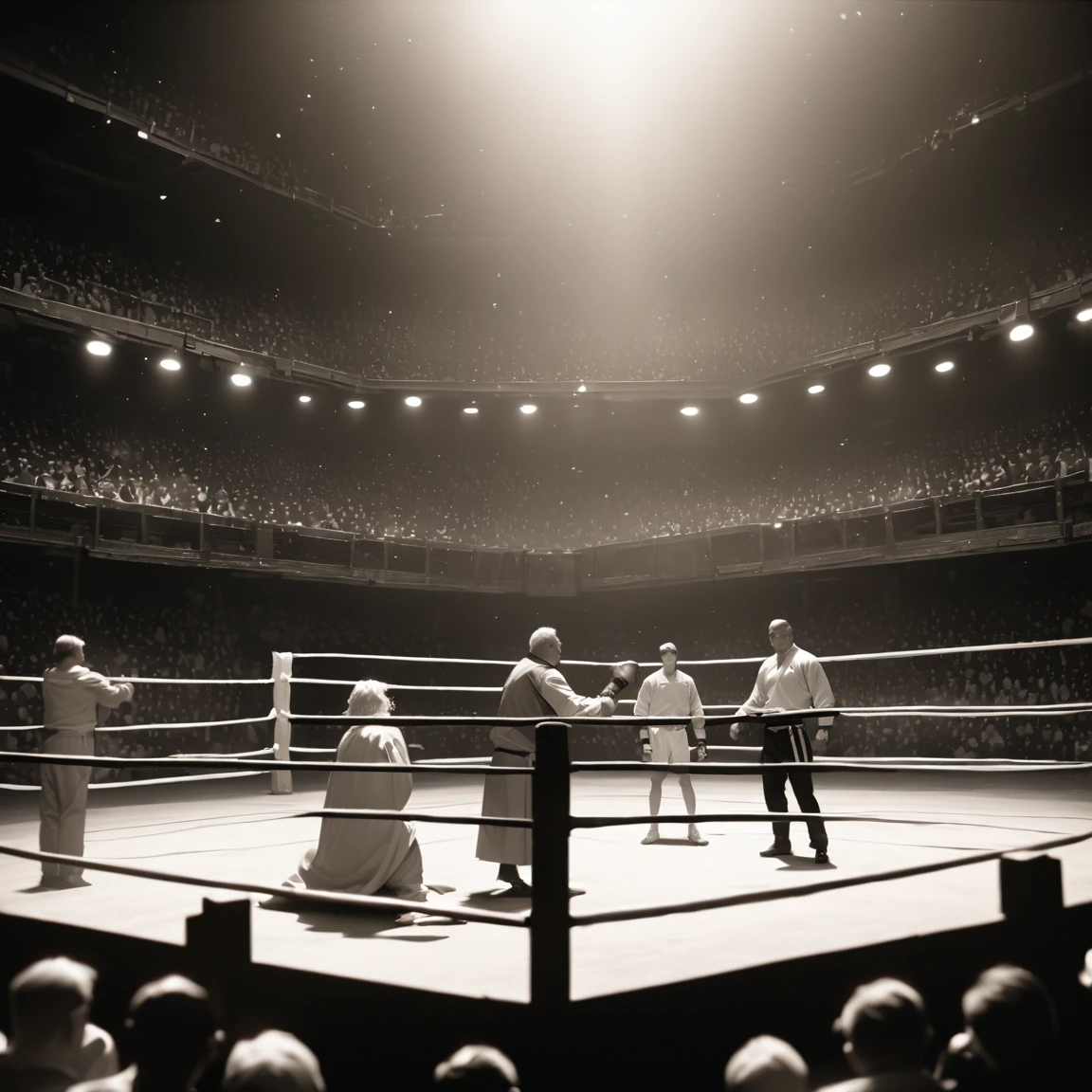 (((Black and white photography:1.5))), ((masterpiece, highest quality, Best image quality, High resolution, Realistic, RAW Photos, 8k)), (Three men, one white boxer, One black boxer, One Referee), (Many other spectators), rest１Final fight scene of the round, They are fighting desperately, Even in black and white, the game is breathtaking., Boxer gloves punching each other with motion blur effect, Sweat flying from the boxers of two men, Heat rising, (Detailed Background Boxing Ring, Boxing Arena, In the dark stadium,A light that illuminates the ring), (Outside the ring, the crowd gets excited about the match., Many spectators, The audience shouting in their own way), ((The characters are depicted small to give a sense of the overall game.))