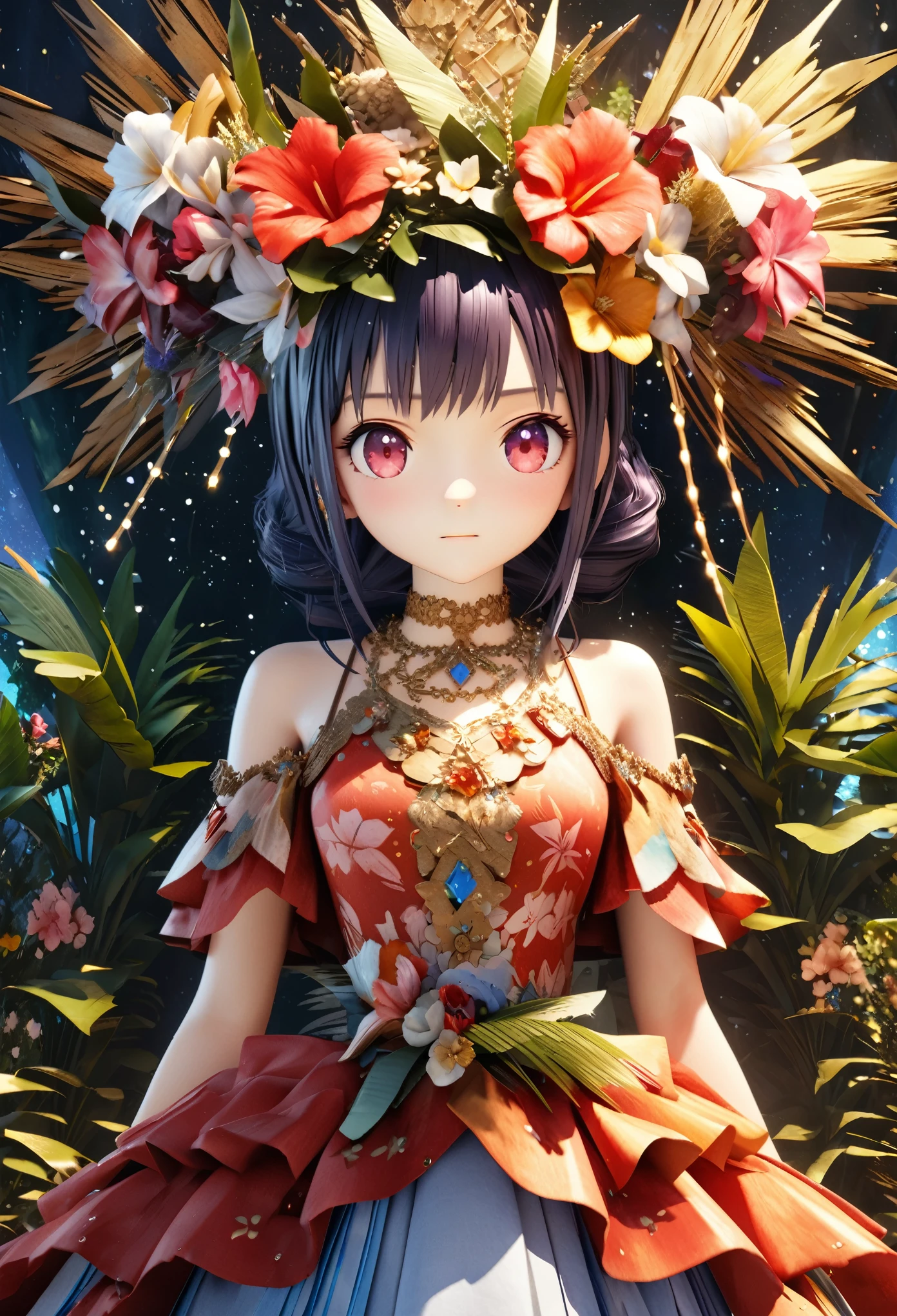 masterpiece, highest quality, High resolution, High resolution, An expensive solution, High resolution, 4K, 8k, unity 8k wallpaper, High resolution CG, masterpiece, Genuine, 2D, 3D, Beautiful details, depth, Fine texture, Great quality: 1.3 , Create an anime-style illustration of a character wearing a gorgeous Hawaiian dress adorned with flowers and jewels。, Perfect focus and bright night beach background. Draw a close-up of the upper body. {{The dress should have multiple layers and special ruffles, It is embedded with gemstones of various colors.. }} , The character's pink hair、It should be long and flowing to show off the intricate design of the dress.。. The cityscape at night is vibrant. The streets are lit up in different colors、The area is bustling with lights that tell the tale of a vibrant nightlife。. The light from the building is reflected on the water..With a smile