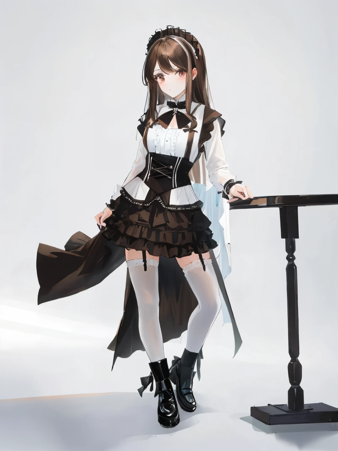 (brown long hair swept bangs:1.3), araffe dressed in a black and white outfit posing for a picture, magical school student uniform, ta style, loliashion, magic , maid outfit, black and white clothes, cosplay of a catboy! maid! dress, high quality costume, fantasy outfit, anime girl cosplay, victorian gothic lolita fon, monochrome, style of magical girl, full body with costume
