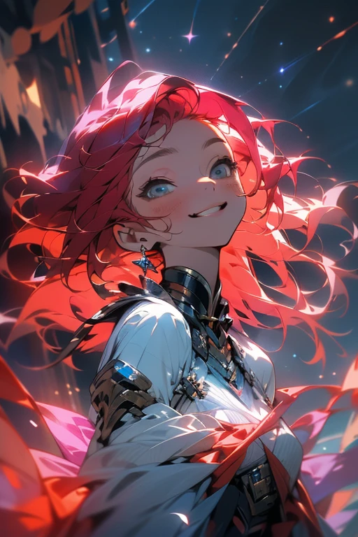 ((best quality)), ((masterpiece)), (detailed), beautiful girl with maroon colored hair surrounded by magic, modestly dressed and happy, looking up into the night sky