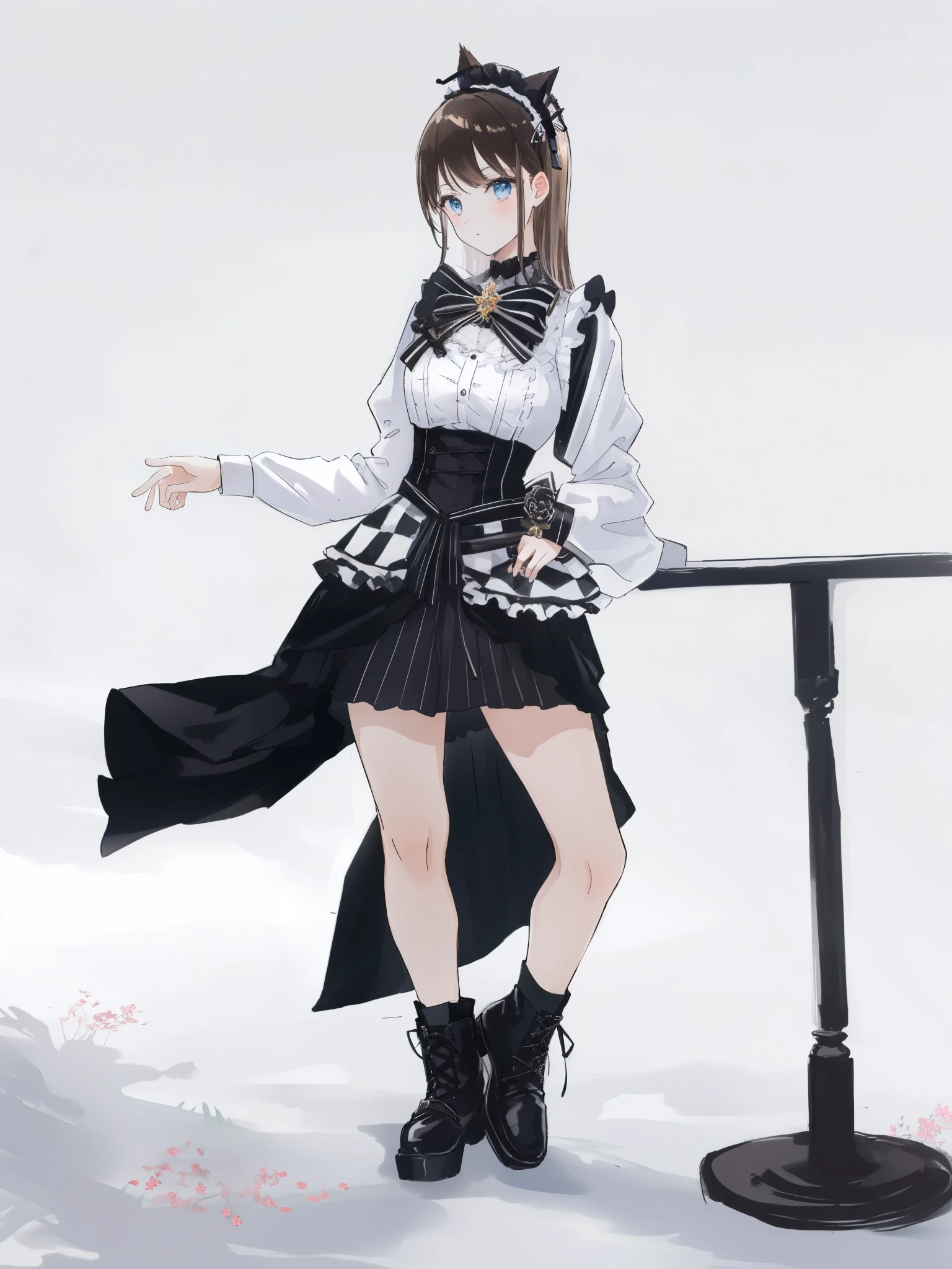 (brown long hair swept bangs:1.3), araffe dressed in a black and white outfit posing for a picture, magical school student uniform, lolita style, lolita fashion, magic , maid outfit, black and white clothes, cosplay of a catboy! maid! dress, high quality costume, fantasy outfit, anime girl cosplay, victorian gothic lolita fashion, monochrome, style of magical girl, full body with costume