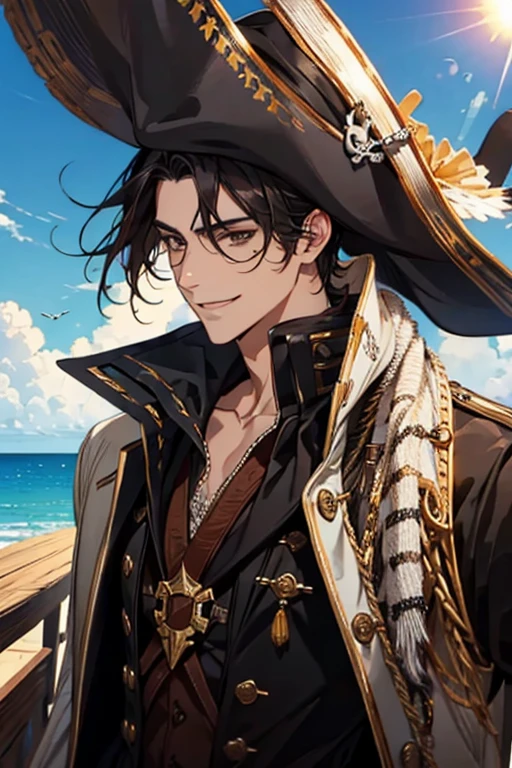 dark brown eyes, natural black hair, male, adult, smile, sunshine, pirate