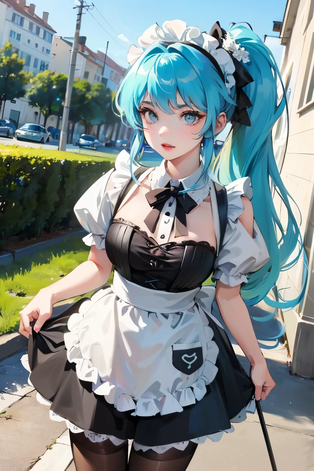 ((best quality)), ((masterpiece)), (detailed), Beautiful girl with perfect face,(Cyan hair),Long hair,Single ponytail,(()),Tall,Hot body,Maid costume outdoors,Vision