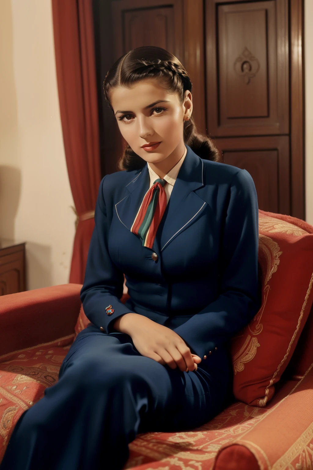 Tetouan, 1940. A young ((((29-year-old)) Sira Quiroga)), beautiful, skinny, sitting in a luxurious living room, ((worried expression)), ((((clothings from the 1940s)))), ((hairstyle of the 1940s)), ((colorful))