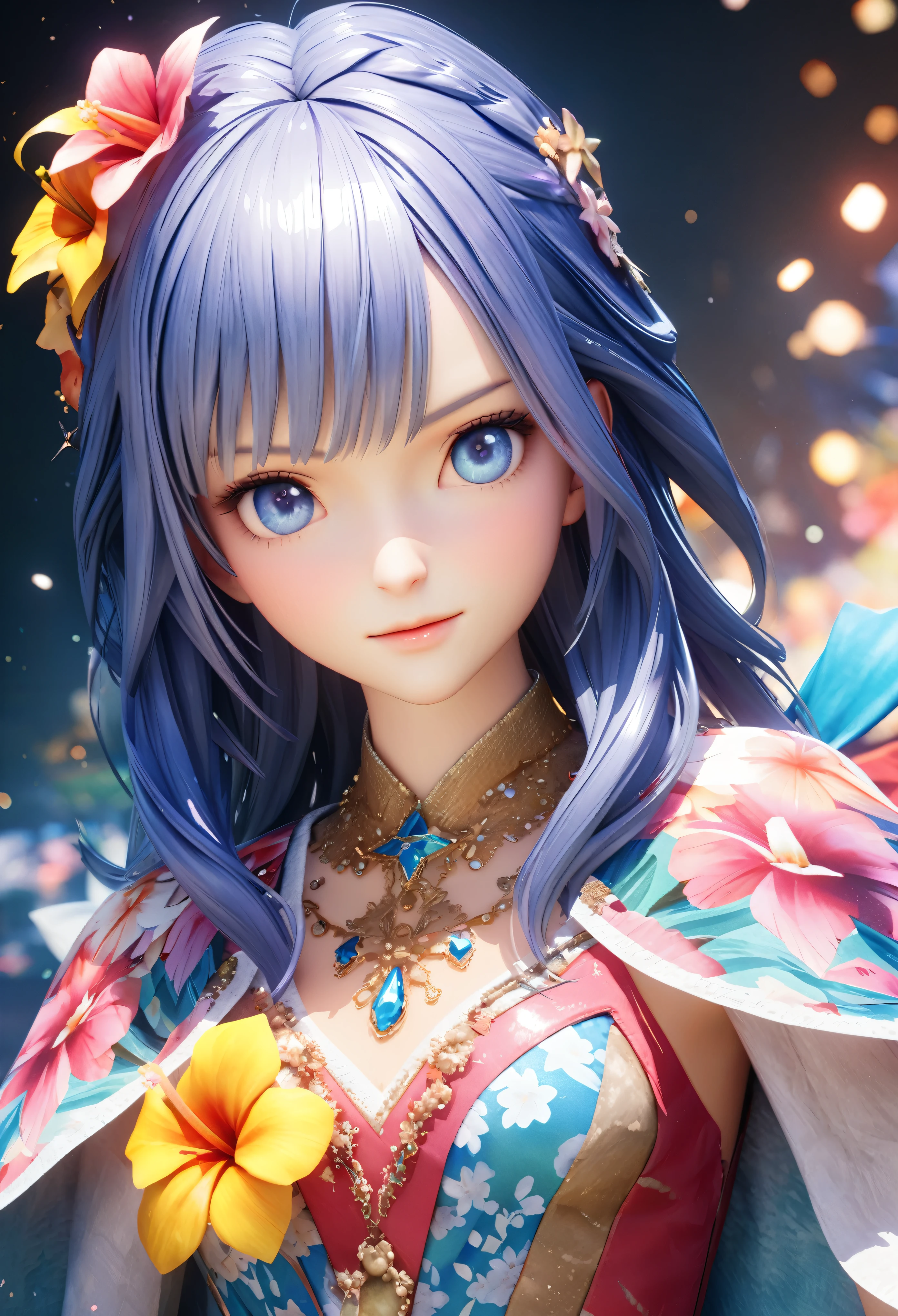 masterpiece, highest quality, High resolution, High resolution, An expensive solution, High resolution, 4K, 8k, unity 8k wallpaper, High resolution CG, masterpiece, Genuine, 2D, 3D, Beautiful details, depth, Fine texture, Great quality: 1.3 , Create an anime-style illustration of a character wearing a gorgeous Hawaiian dress adorned with flowers and jewels。, Perfect focus and bright night beach background. Draw a close-up of the upper body. {{The dress should have multiple layers and special ruffles, It is embedded with gemstones of various colors.. }} , The character&#39;s pink hair、It should be long and flowing to show off the intricate design of the dress.。. The cityscape at night is vibrant. The streets are lit up in different colors、The area is bustling with lights that tell the tale of a vibrant nightlife。. The light from the building is reflected on the water..With a smile