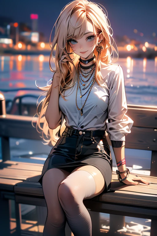 NSFW、4K、masterpiece、((focus on the face)), (full body shot, Full body photo including face), ((Cute symmetrical face))、Full Beautiful Girl、Beautiful woman、slender body、(small butt、thin thighs）、off shoulder、Box Pleated Skirt、(high heels、stockings、anklet）、I could see the whole body、head to toe photo、small earrings、necklace、turn away from the viewer、The subject is far away、shallow depth of field、wide angle focal length、upward glance、Shoot with focus on the face、(Biologically correct number of limbs、correct hand drawing)、high angle、realistic pictures、(City area after the rain)、squat、Photographed from an angle、close legs