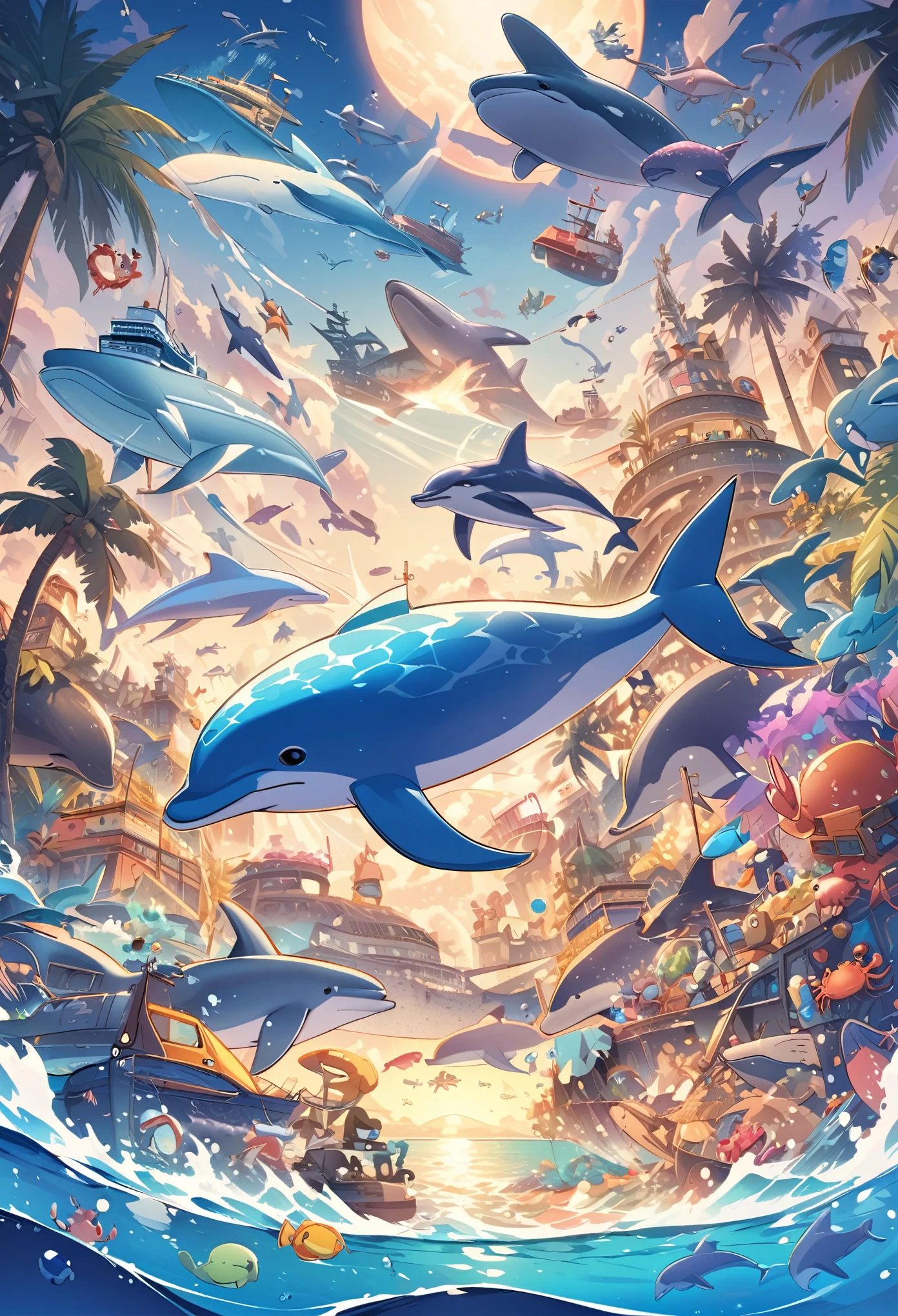 "Create a seaside landscape illustration, Sea of night,Whale, Dolphin, crab, Palm tree, Ships, A playful and colorful world of toys."