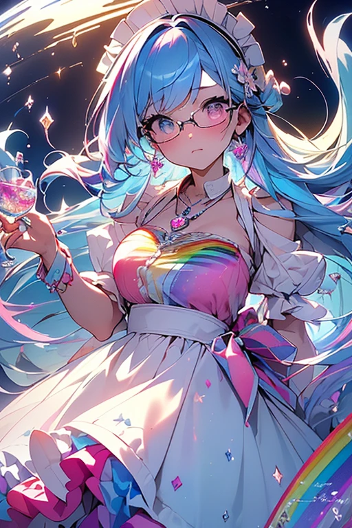 ((masterpiece、highest quality、Watercolor(pendant)、Official Art、Beautiful and aesthetic:1.2))、(One Girl:1.3)、(Fractal Art:1.3)、Esbian all over、((Sparkling eyes))、pattern、((Rainbow Hair、colorfulな髪、Half Blue、Half pink hair:1.2))、colorful、(Silver-rimmed glasses)、write、Heterochromia iridis、(colorful:1.5)、(((Maid clothes)))、((Embarrassed face))、((maikurobikini))、(Are standing)、(Hyper Detail), ((Subtle details)), (Intricate details), ((Cinematic light, highest qualityのバックライト)), High Contrast, ((Best lighting, Very delicate and beautiful)), ((Cinematic light))、(Ray-traced Reflections、shine)、((Shining Aura))、((Shiny Hair))、((Ultra-detailed))、((8k))