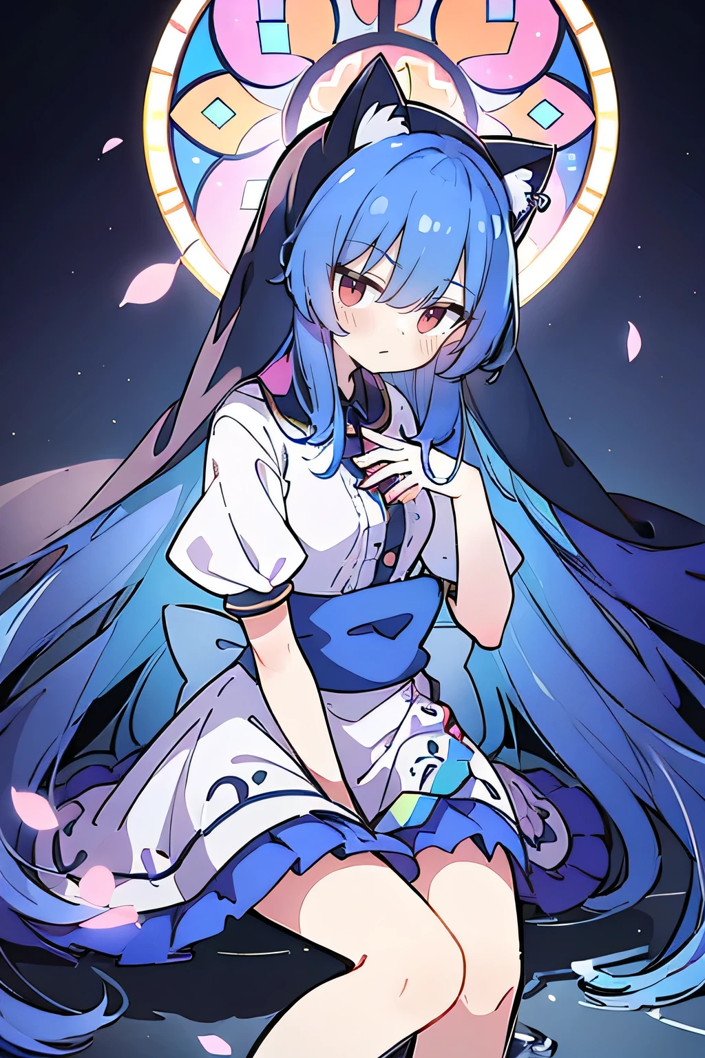 (masterpiece:1.2),Extremely detailed,Practical,expressive eyes,Fair skin,Perfect face shaping,1 Girl,
Japanese cartoons,Gorgeous blue hair, the long flowing blue hair,Floating clothes,Cat ears,Petals fall,beautiful lola,Young Angel,
Place your hands on your waist,sit elegantly on the ground,Cross your legs,Gentle and peaceful background,church,nun.